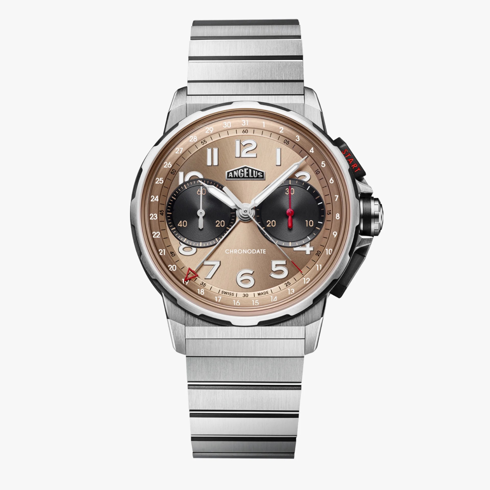 Silver metal wristwatch with a bronze dial, black subdials, and a link bracelet.