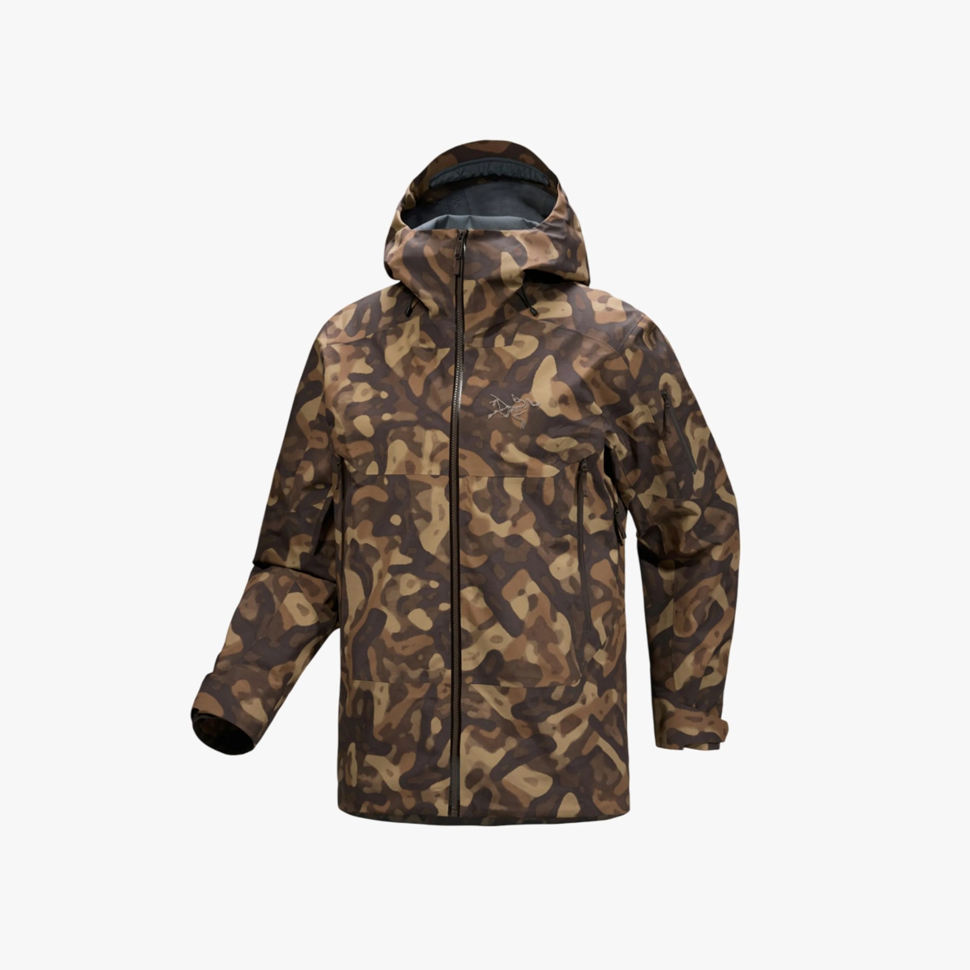 Brown and tan camouflage hooded jacket with front zipper and zippered pockets.