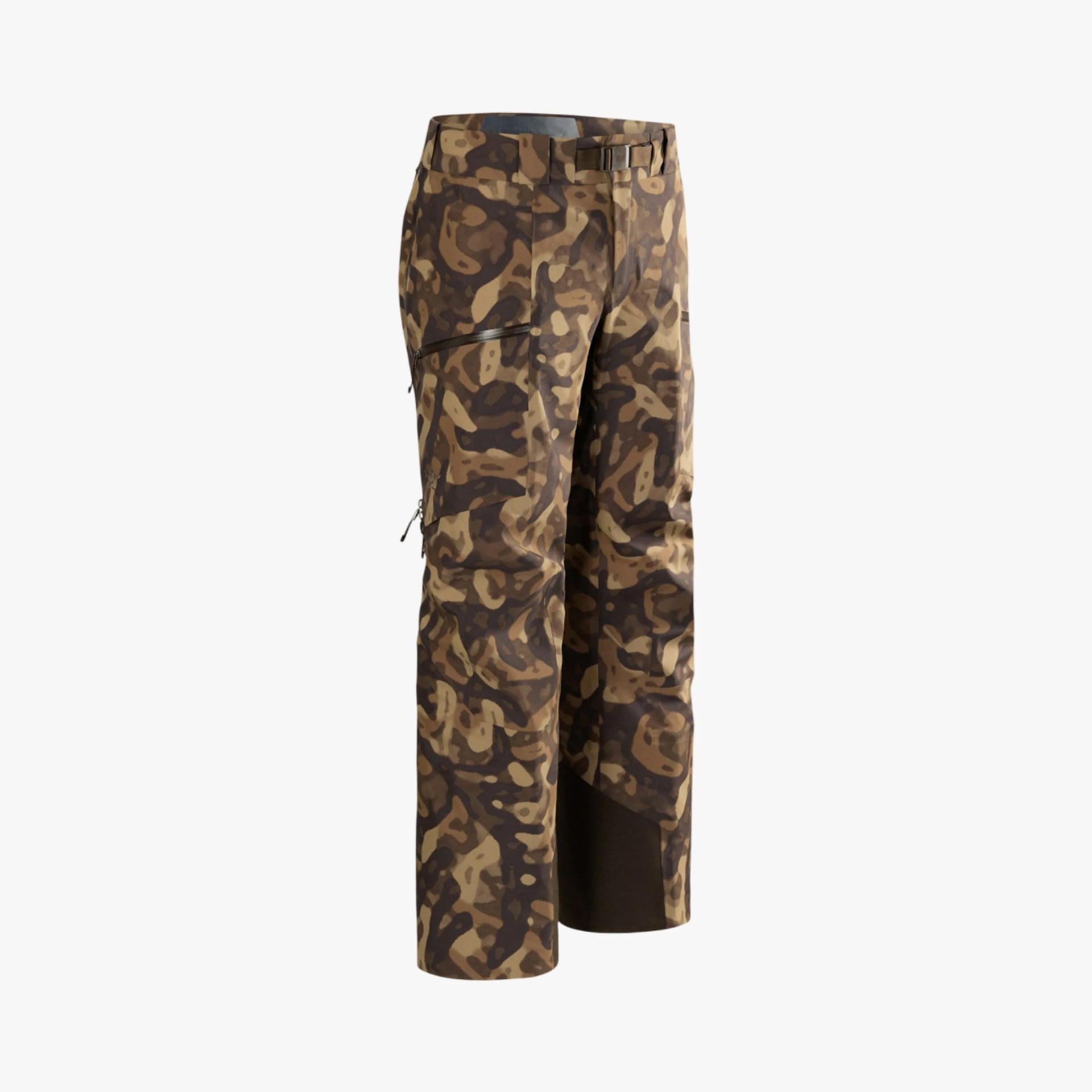 Brown and tan camouflage-patterned pants with zippered pockets and adjustable waistband.