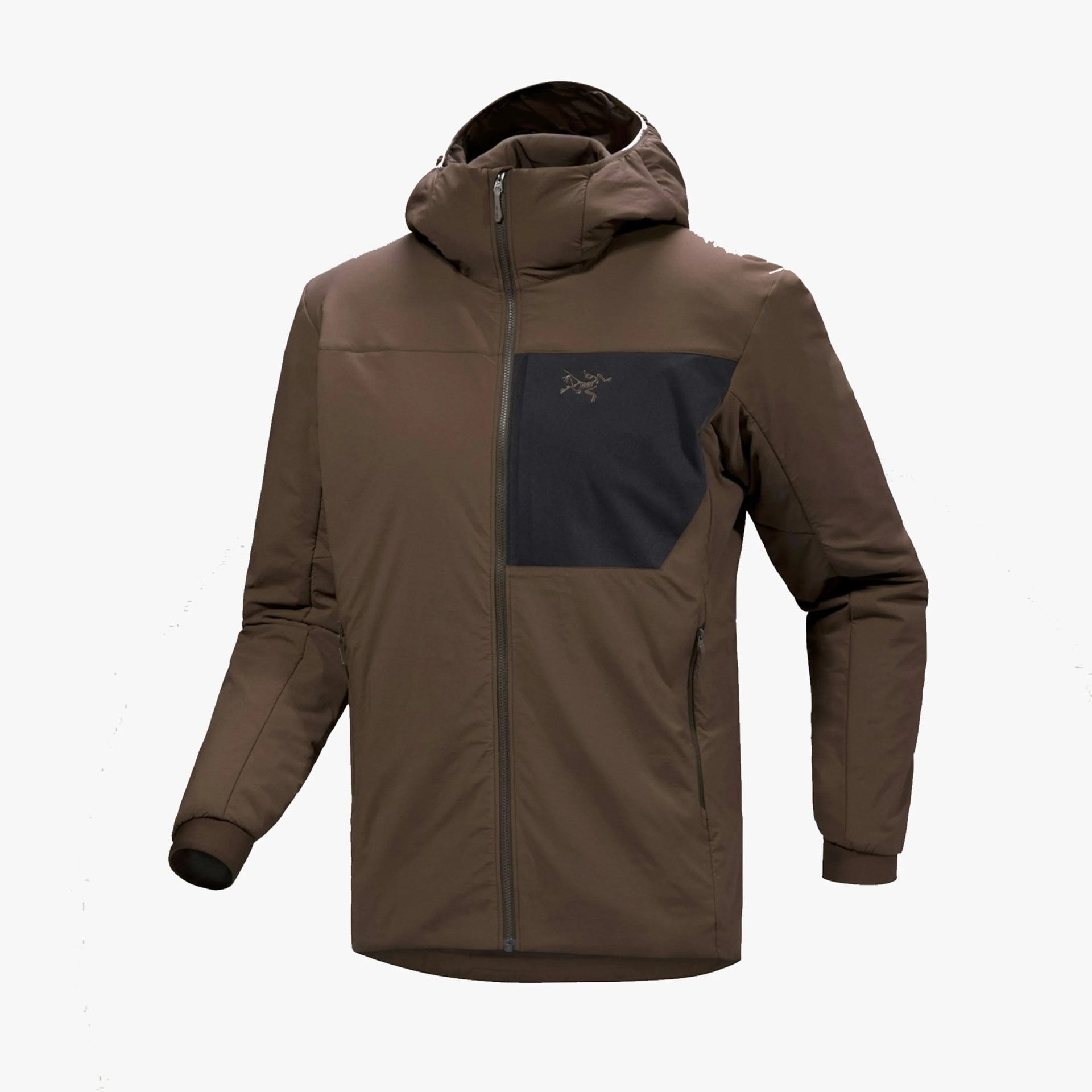 Brown hooded jacket with black chest pocket and front zipper.