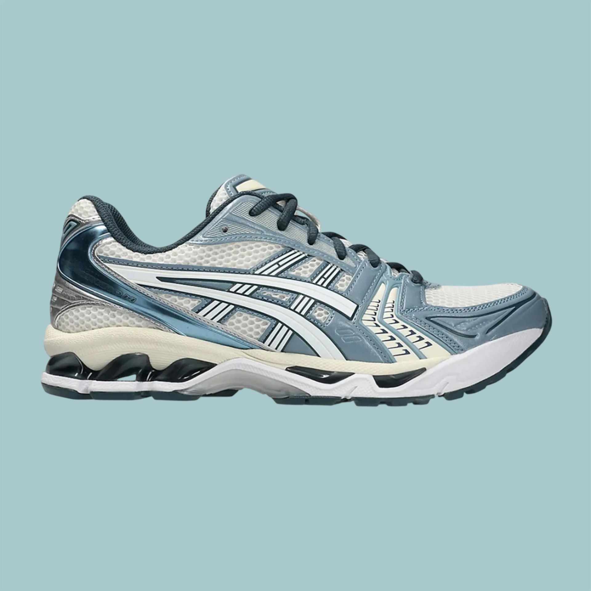 Light blue and white Asics running shoe with black laces and cushioned sole on a light blue background.