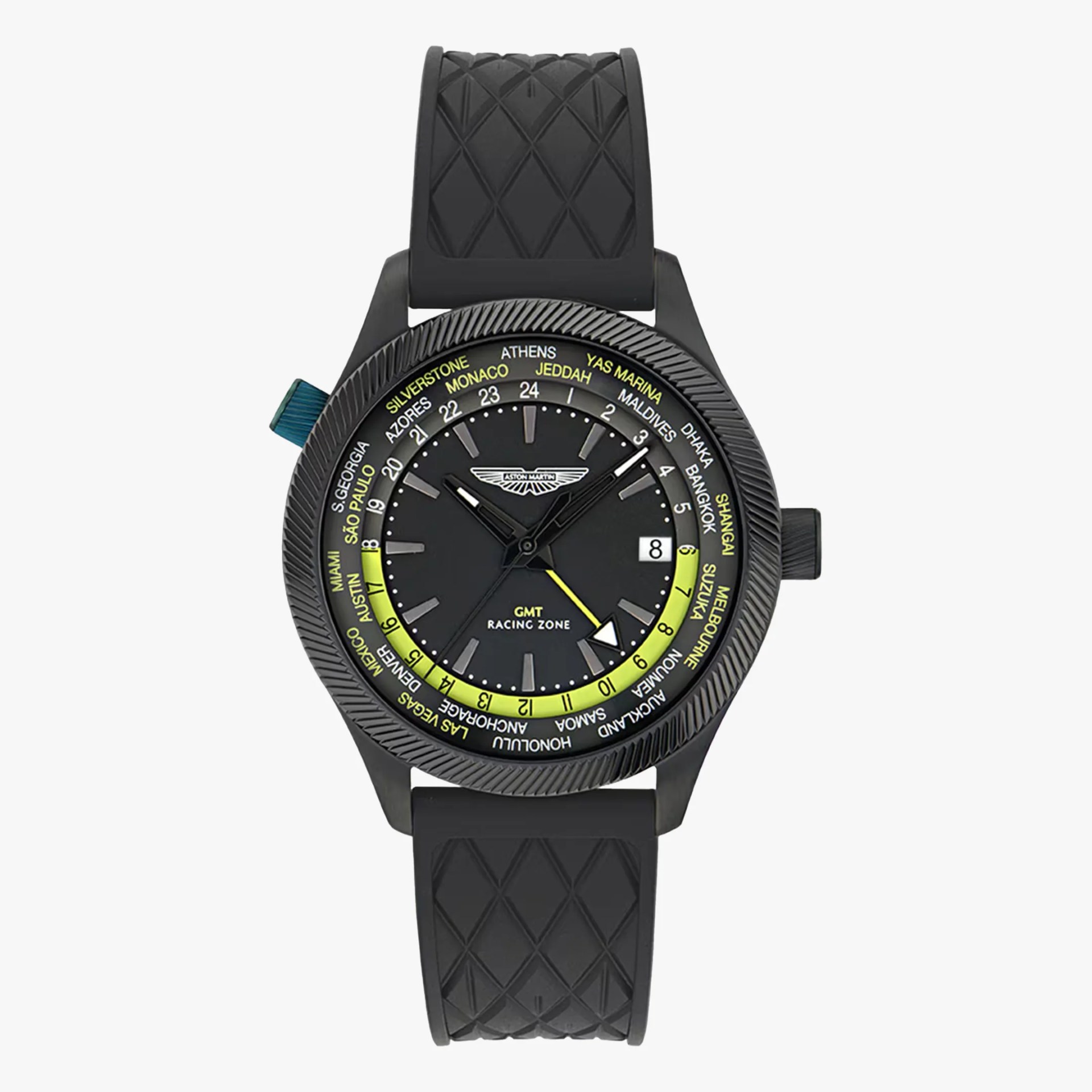 Black Aston Martin GMT Racing Zone watch with textured bezel, yellow accents, and black rubber strap with diamond pattern.