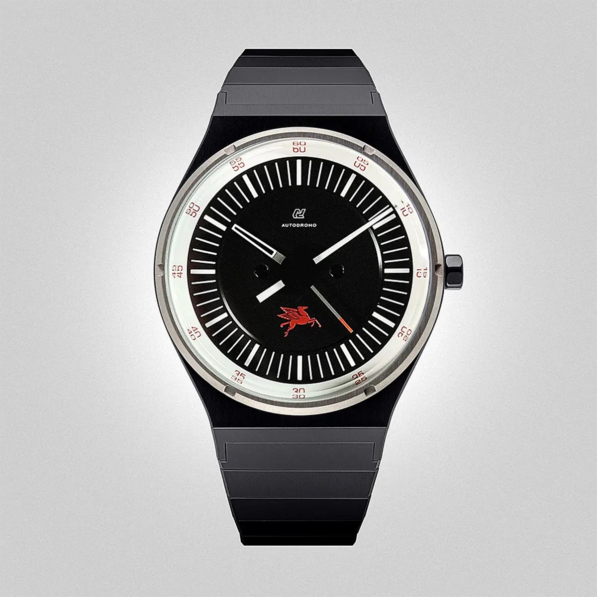 Black Autodromo wristwatch with a round dial, white minute markers, and a red Pegasus logo.