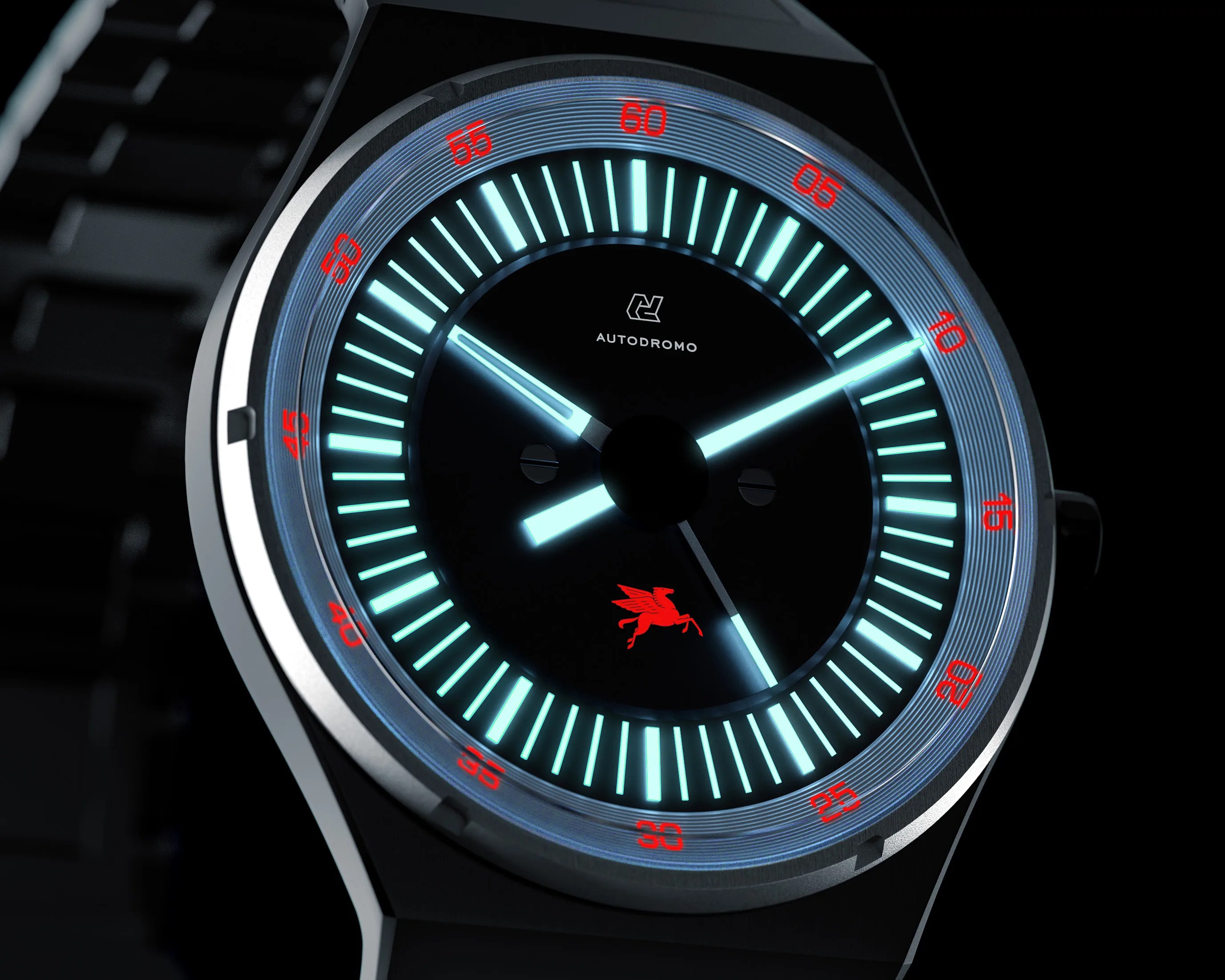 Close-up of a black Autodromo watch face with glowing blue hour markers and hands, red minute numerals, and a red Pegasus logo.