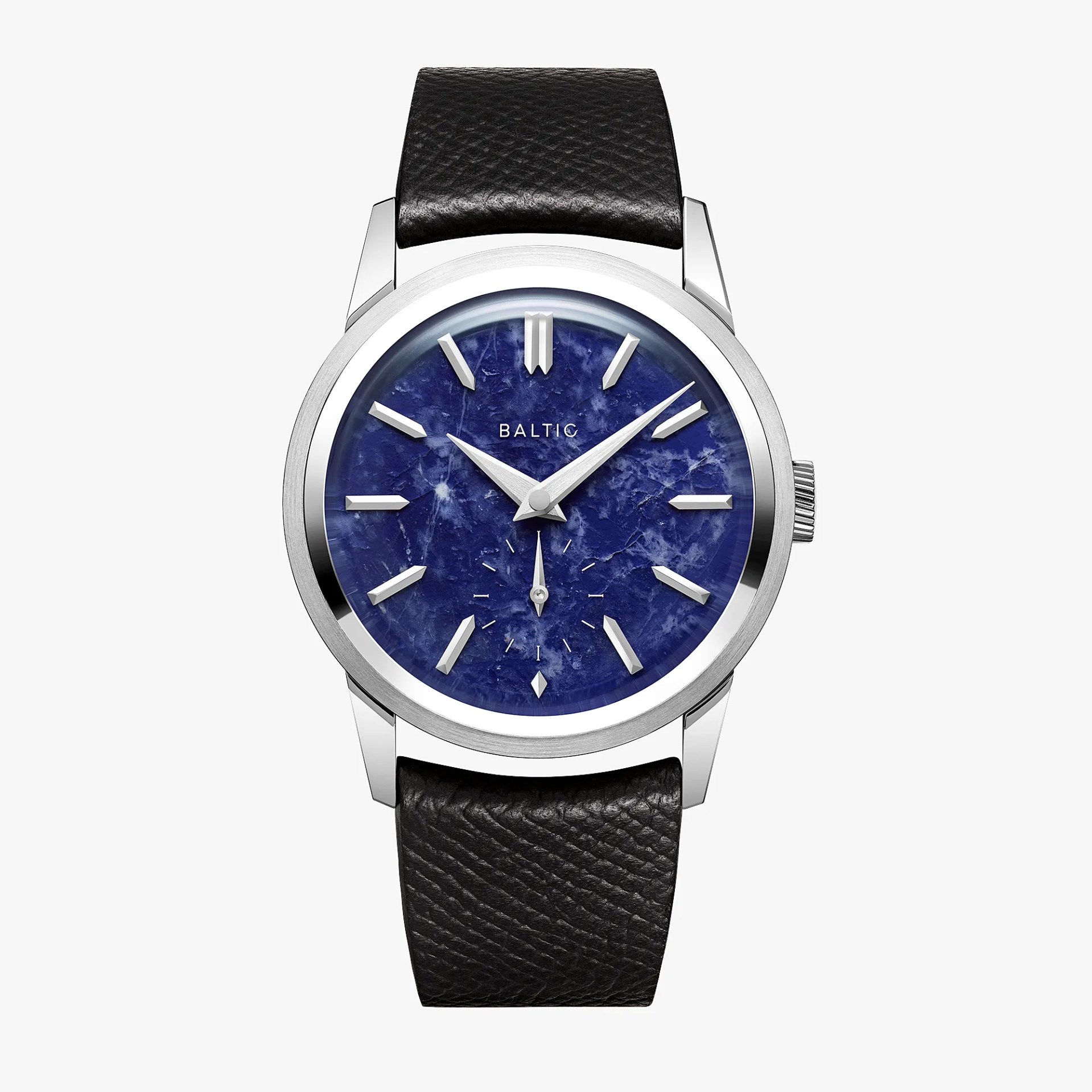Silver Baltic wristwatch with a textured deep blue marble dial and black leather strap.