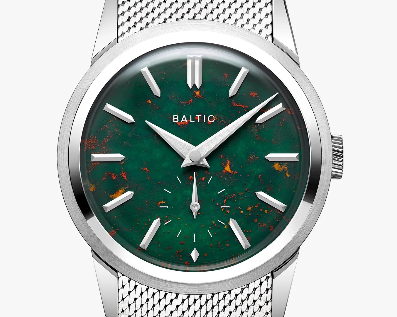 Silver Baltic wristwatch with a green and rust-speckled dial and a silver mesh strap.