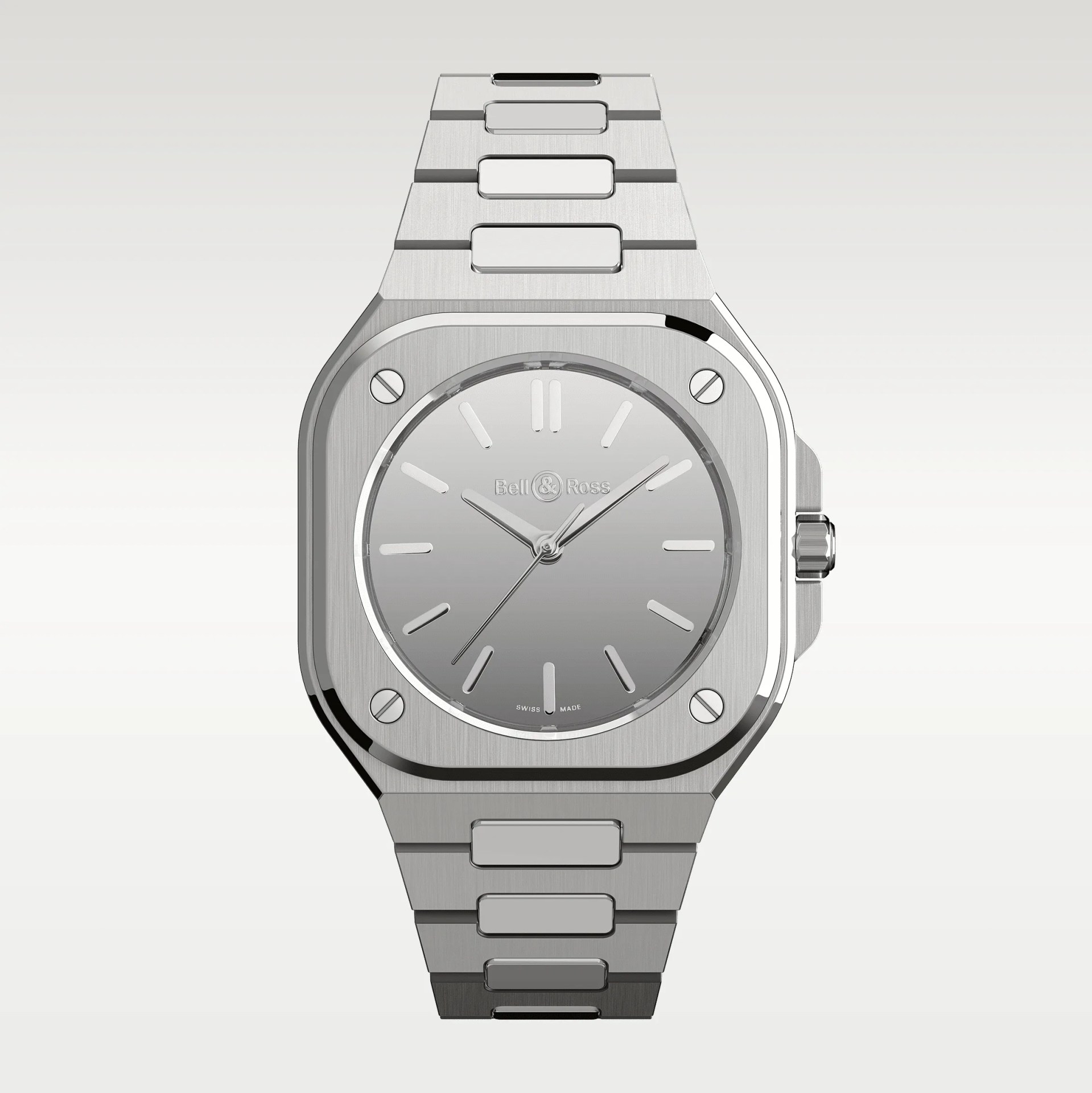 Silver stainless steel Bell & Ross wristwatch with a square case and integrated bracelet.