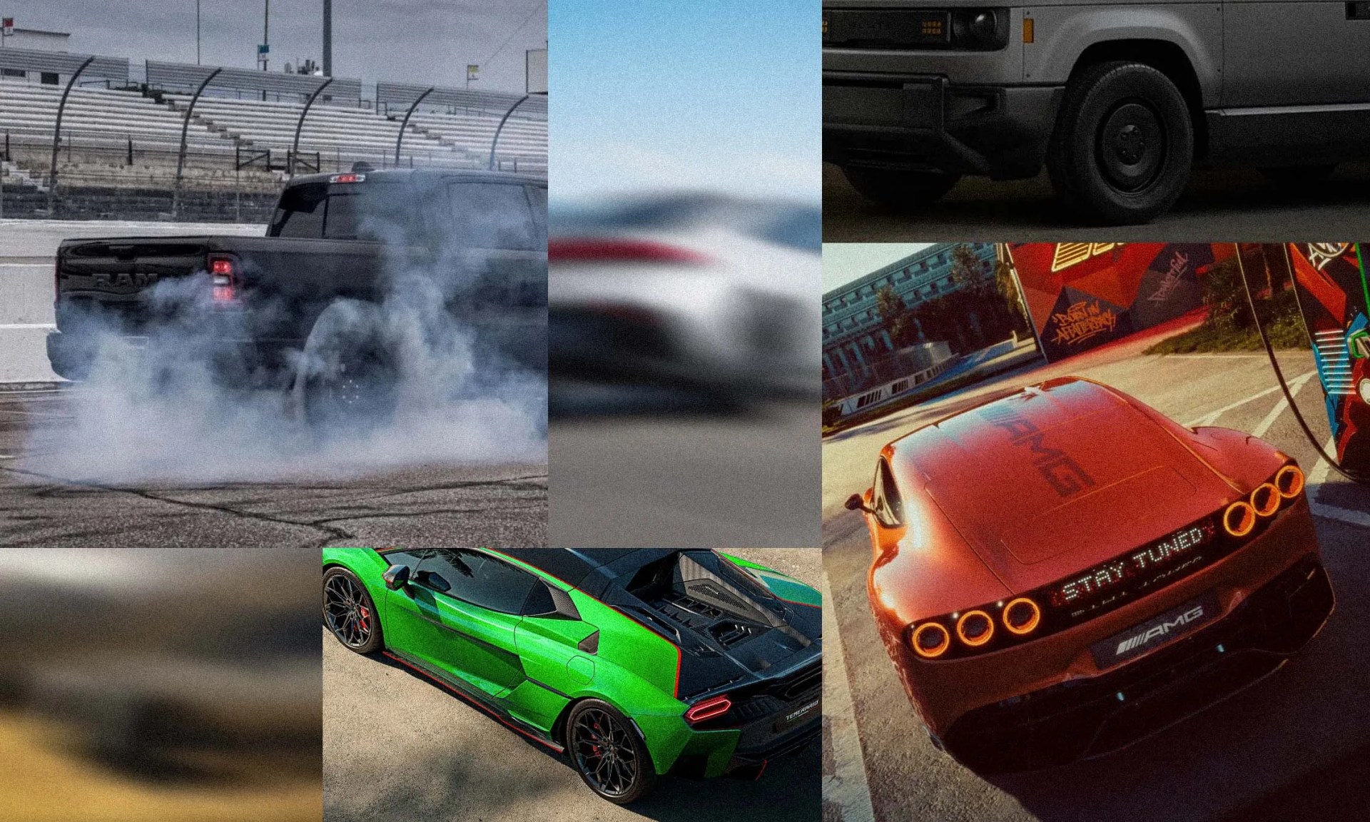 Collage of five images featuring a black pickup truck doing a burnout on a racetrack, a blurred white sports car, a close-up of a gray electric SUV wheel, a green sports car parked on pavement, and a red AMG sports car with illuminated taillights and "STAY TUNED" text on the rear display.