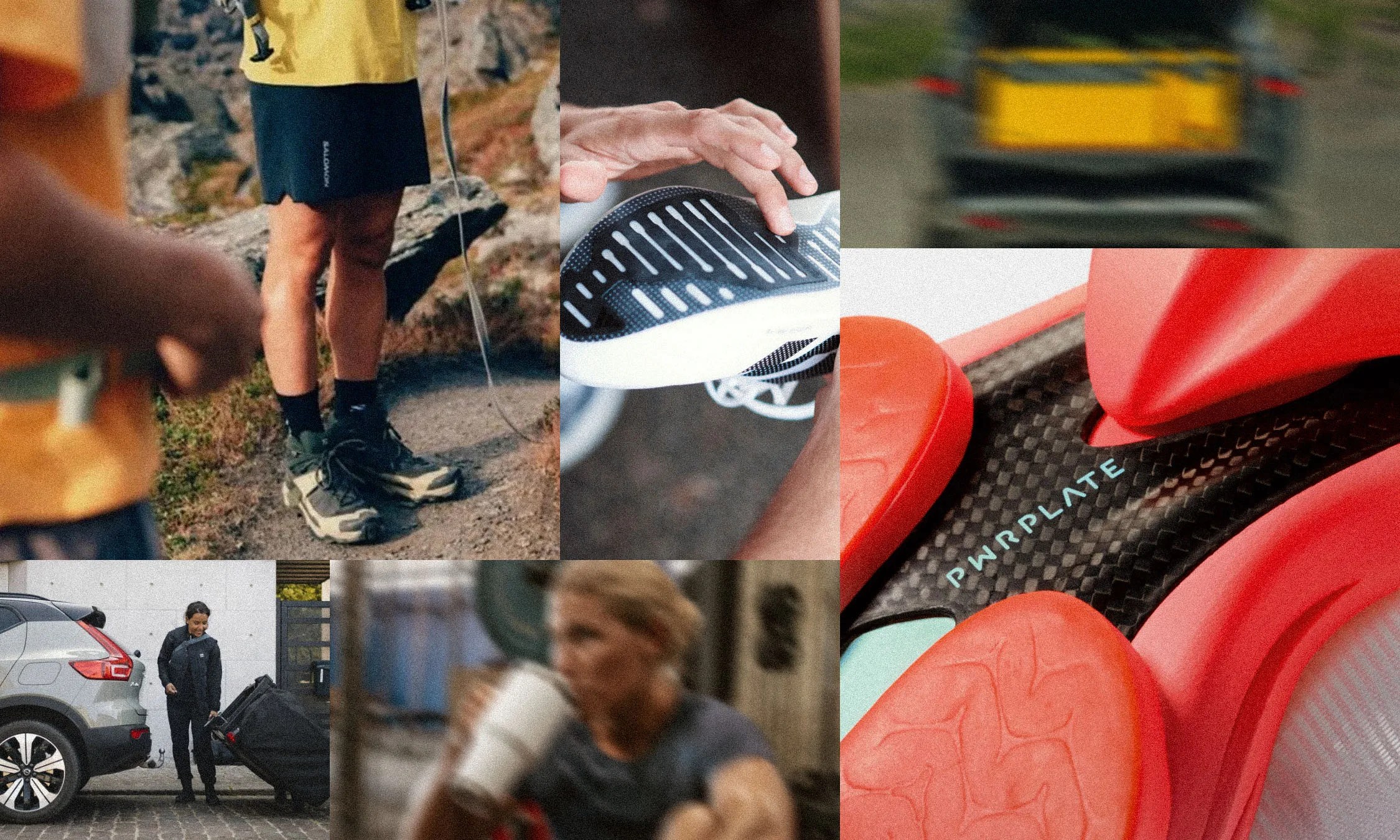Collage showing a person in black and yellow shorts with hiking shoes, a hand holding a black and white shoe sole, a red and black shoe sole with "PWRPLATE" text, a person pulling a suitcase near a car, and a blurred person drinking from a white cup.