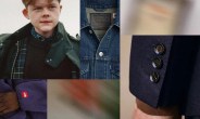 Collage showing a person wearing layered outerwear including a green jacket, black sweater, blue denim Levi's jacket, and a purple fleece with a red North Face logo patch.