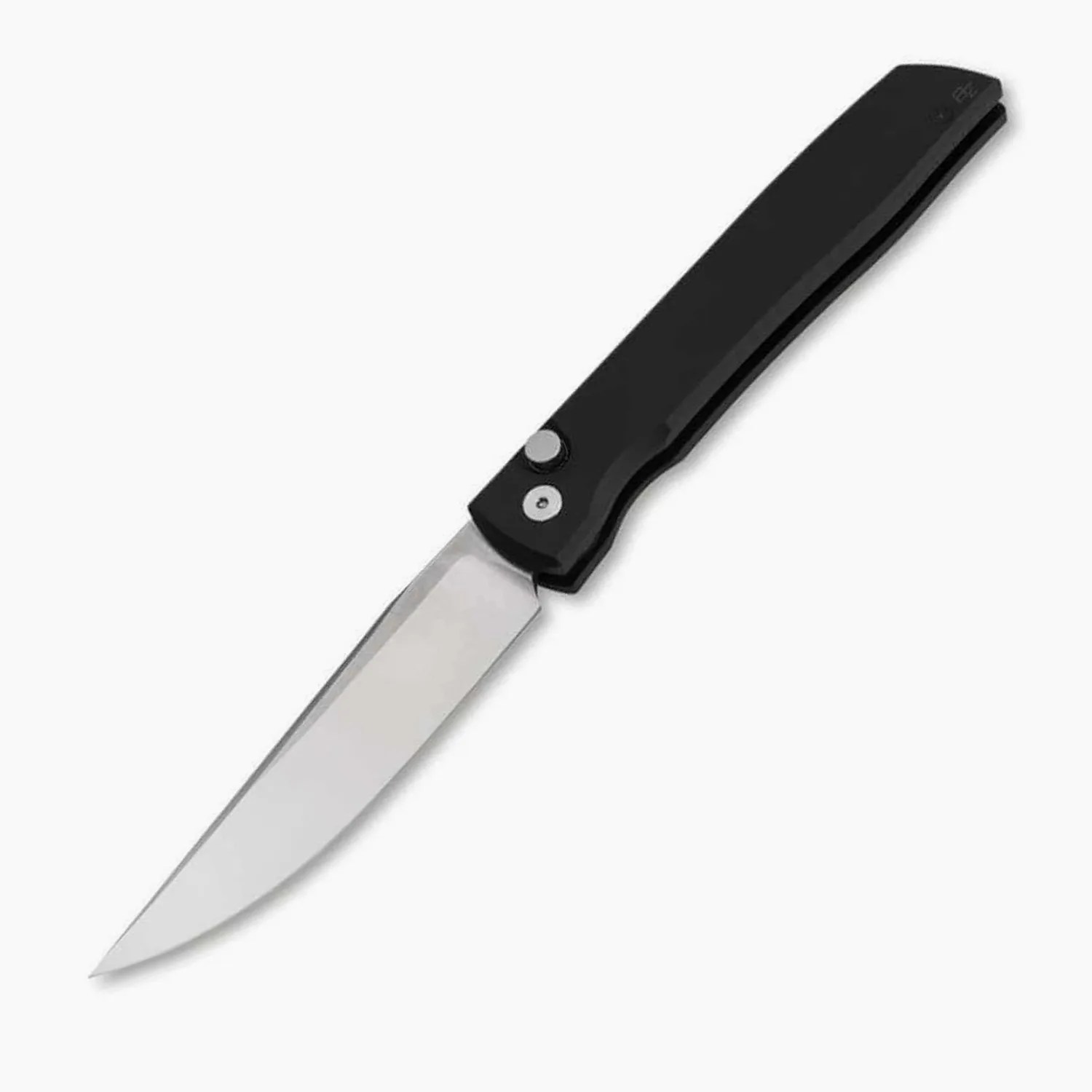 Folding knife with a slim silver blade and a black handle.