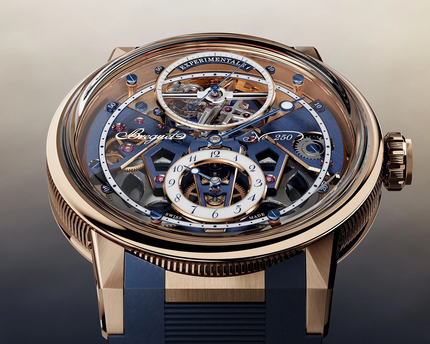 Rose gold Breguet wristwatch with exposed mechanical gears, blue accents, and a blue strap.