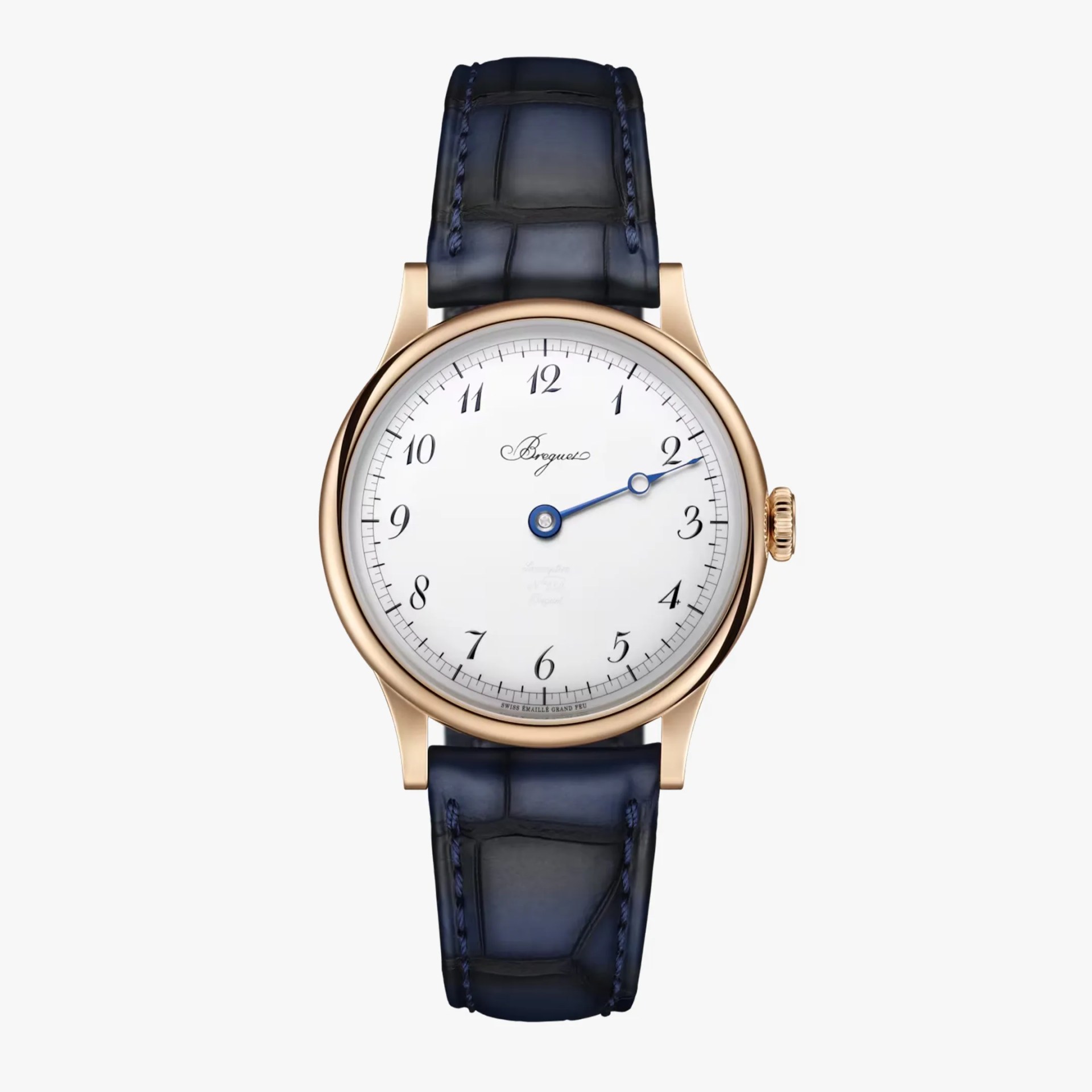 Round gold wristwatch with white dial, blue single hand, and dark blue leather strap.