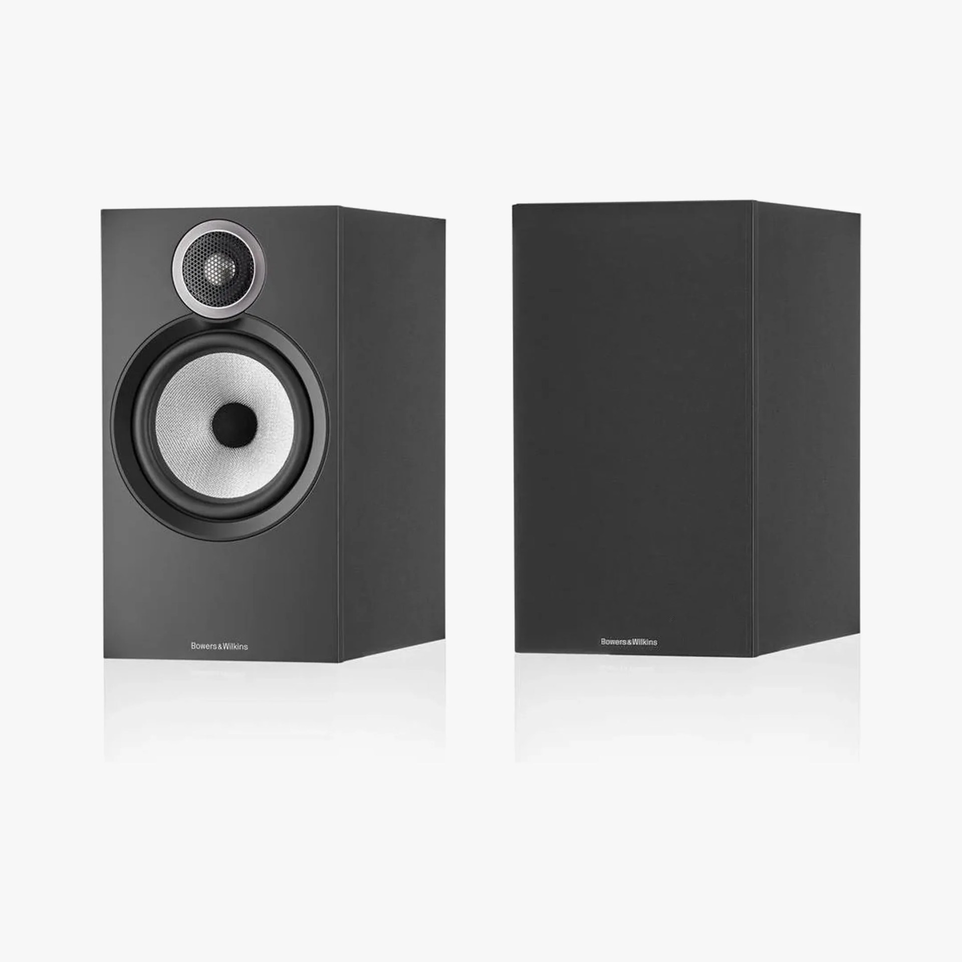 Pair of black Bowers & Wilkins bookshelf speakers, one showing the front drivers and the other with a black grille cover.