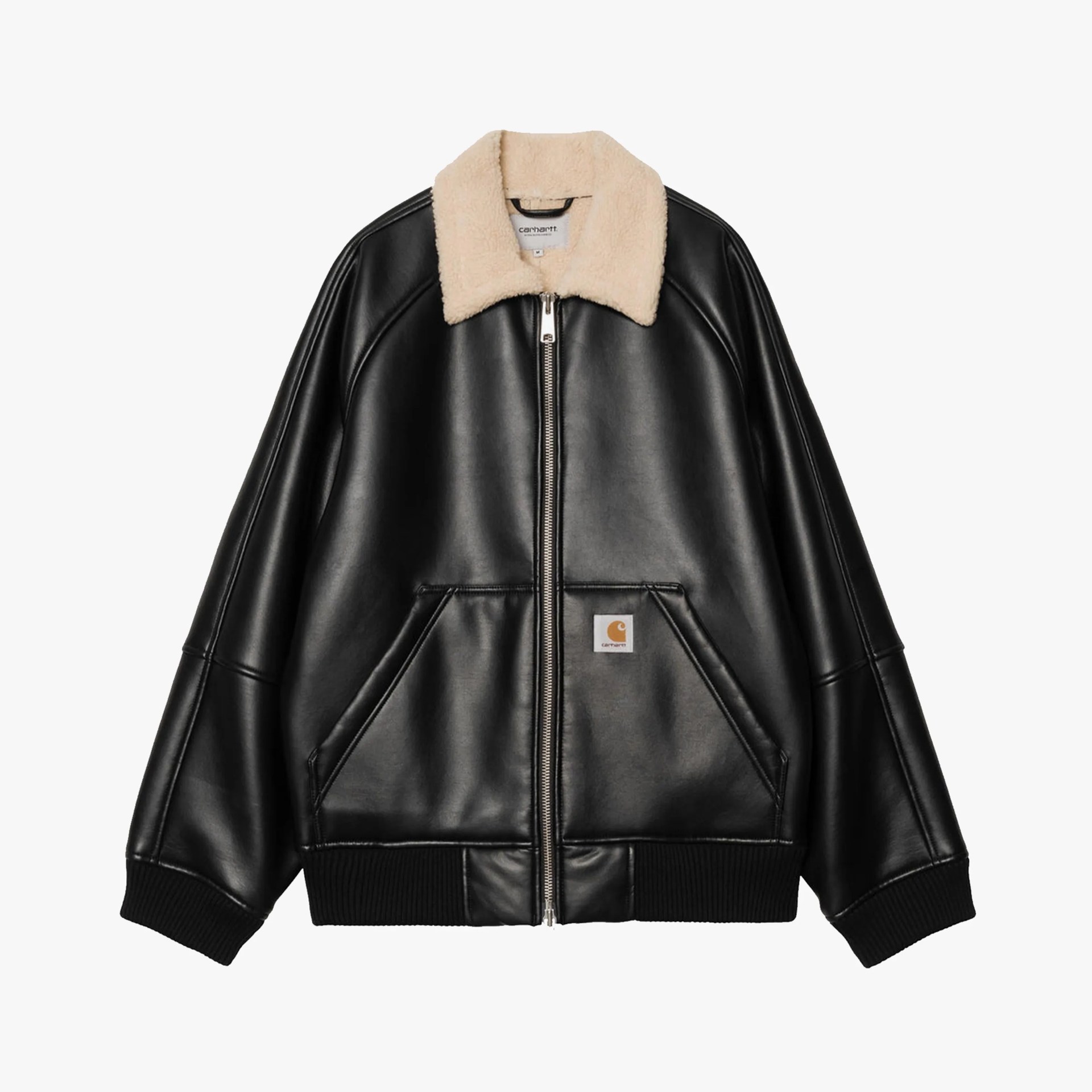 Black faux leather jacket with beige shearling collar, front zipper, and ribbed cuffs and hem.