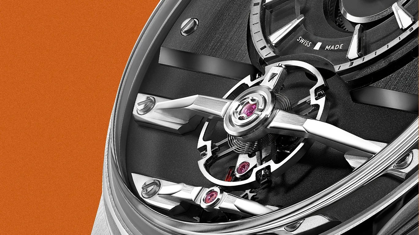 Close-up of a mechanical watch movement showing polished metal components and ruby jewel bearings with "Swiss Made" text on the dial.