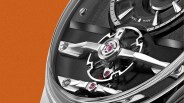 Close-up of a mechanical watch movement showing polished metal components and ruby jewel bearings with "Swiss Made" text on the dial.