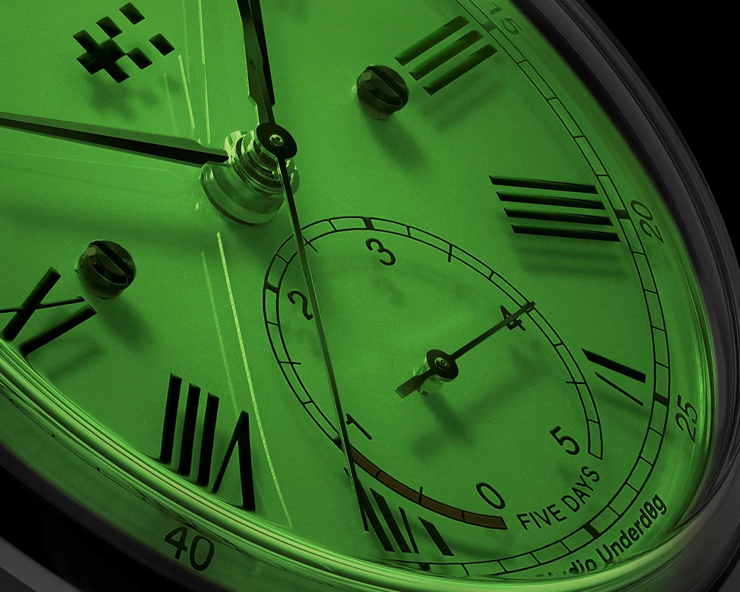 Close-up of a green watch face with black Roman numerals and a small subdial labeled "FIVE DAYS.