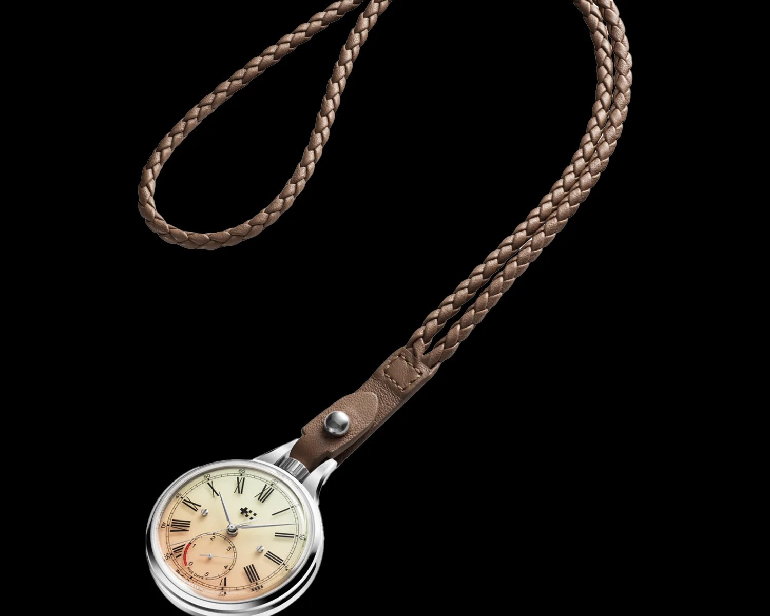 Silver pocket watch with cream dial, black Roman numerals, and brown braided leather strap on black background.