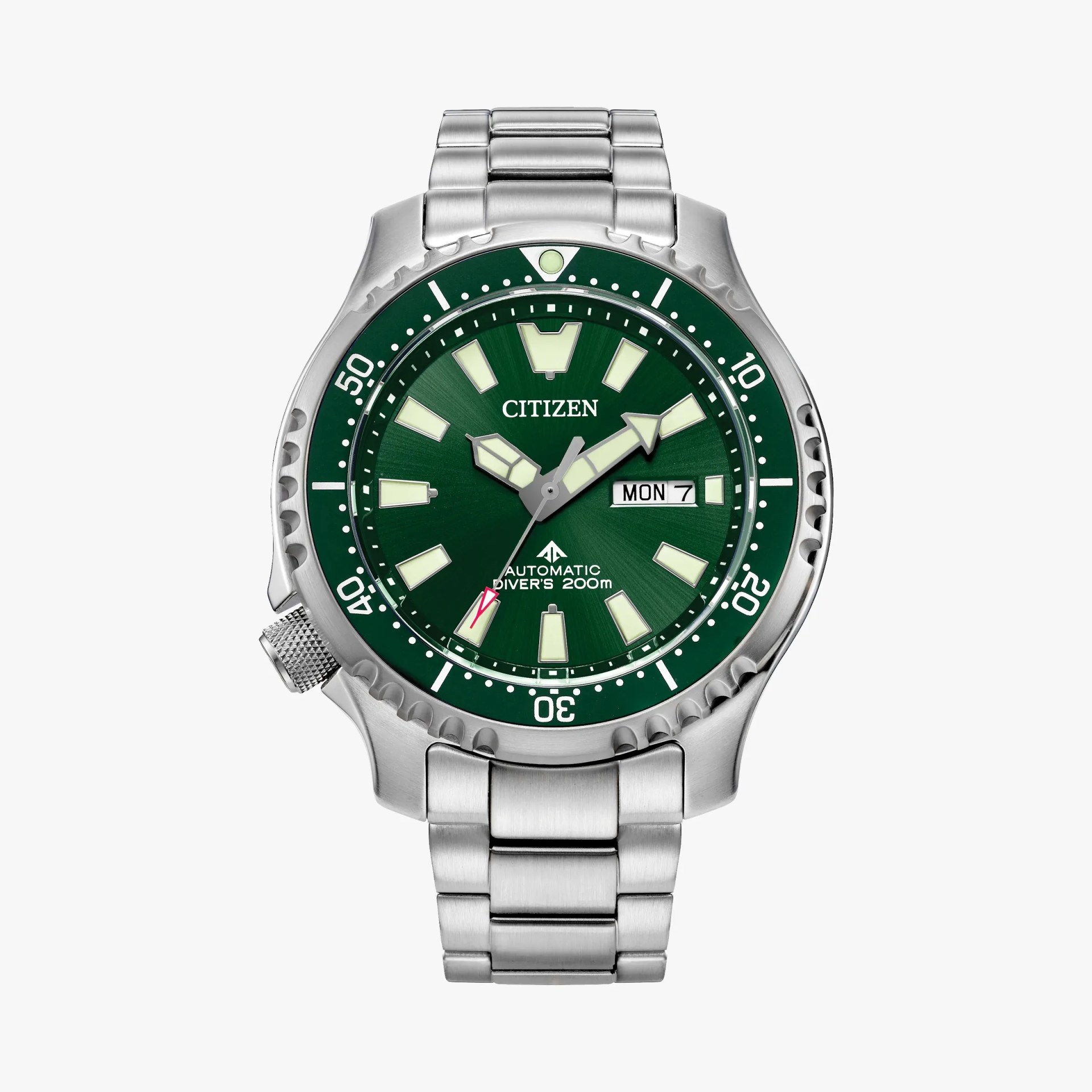 Stainless steel Citizen automatic diver's watch with green dial and bezel, luminous markers, and day-date display.