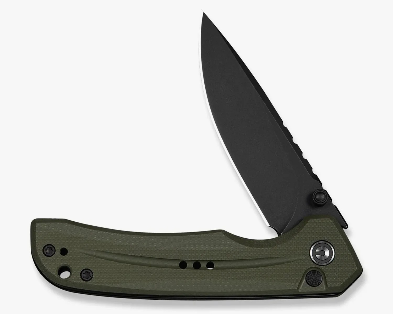 Folding knife with black blade and textured olive green handle partially open on white background.