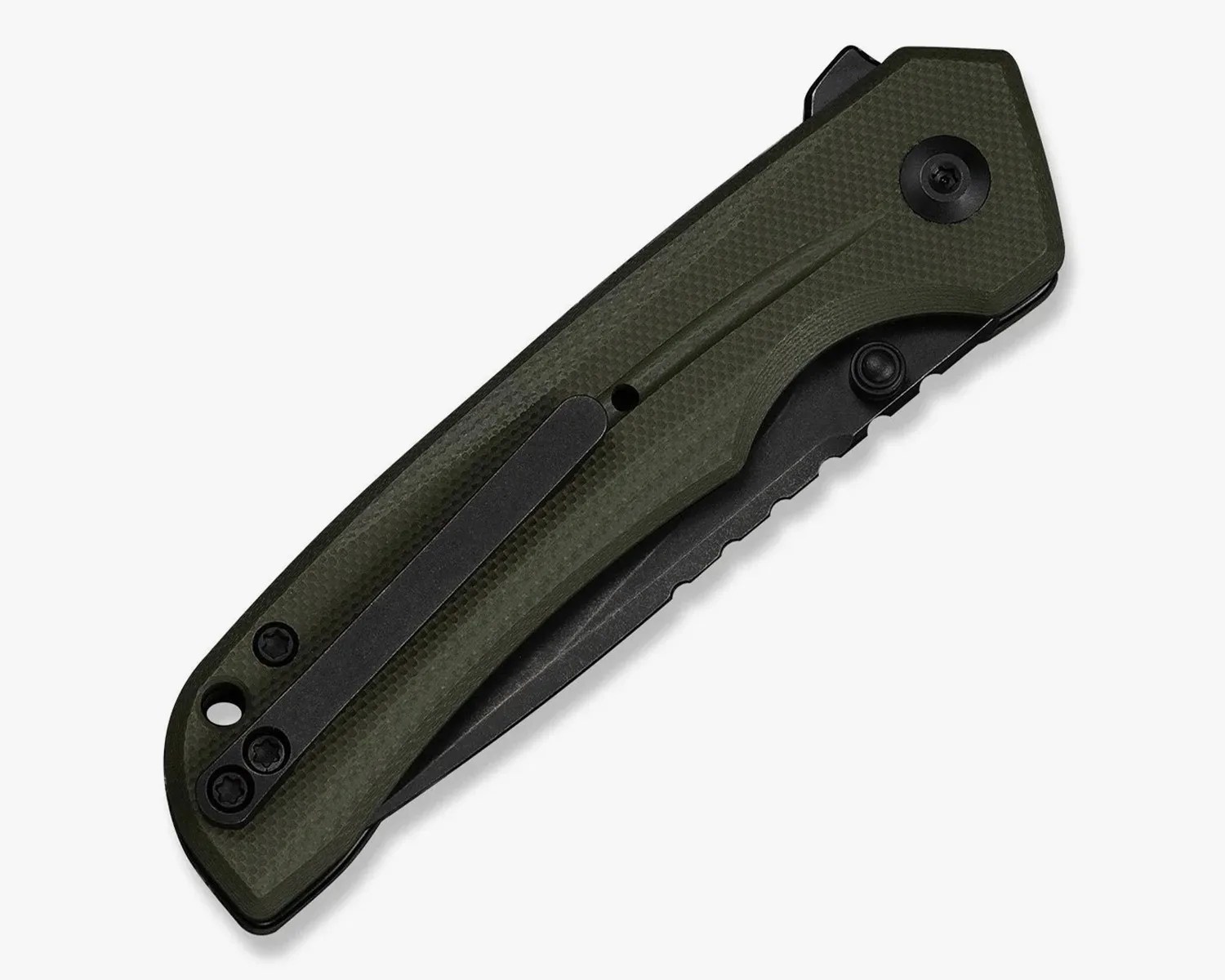 Folded tactical folding knife with a textured dark green handle and black pocket clip.