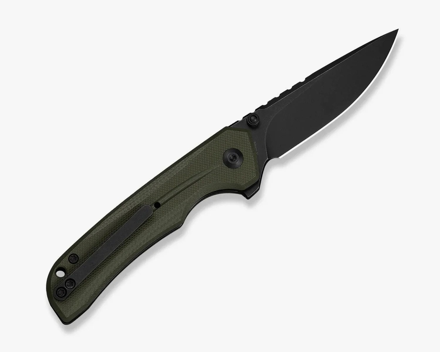 Folding knife with black blade and textured olive green handle with pocket clip.