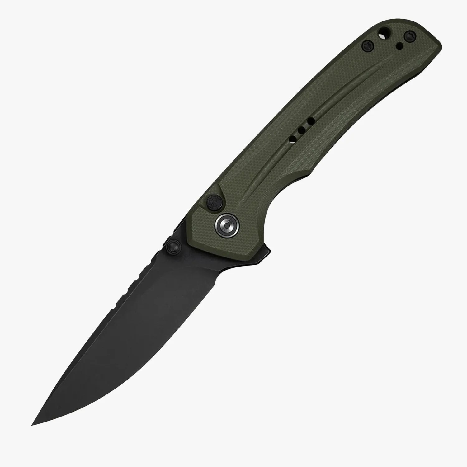 Folding knife with black blade and textured olive green handle.