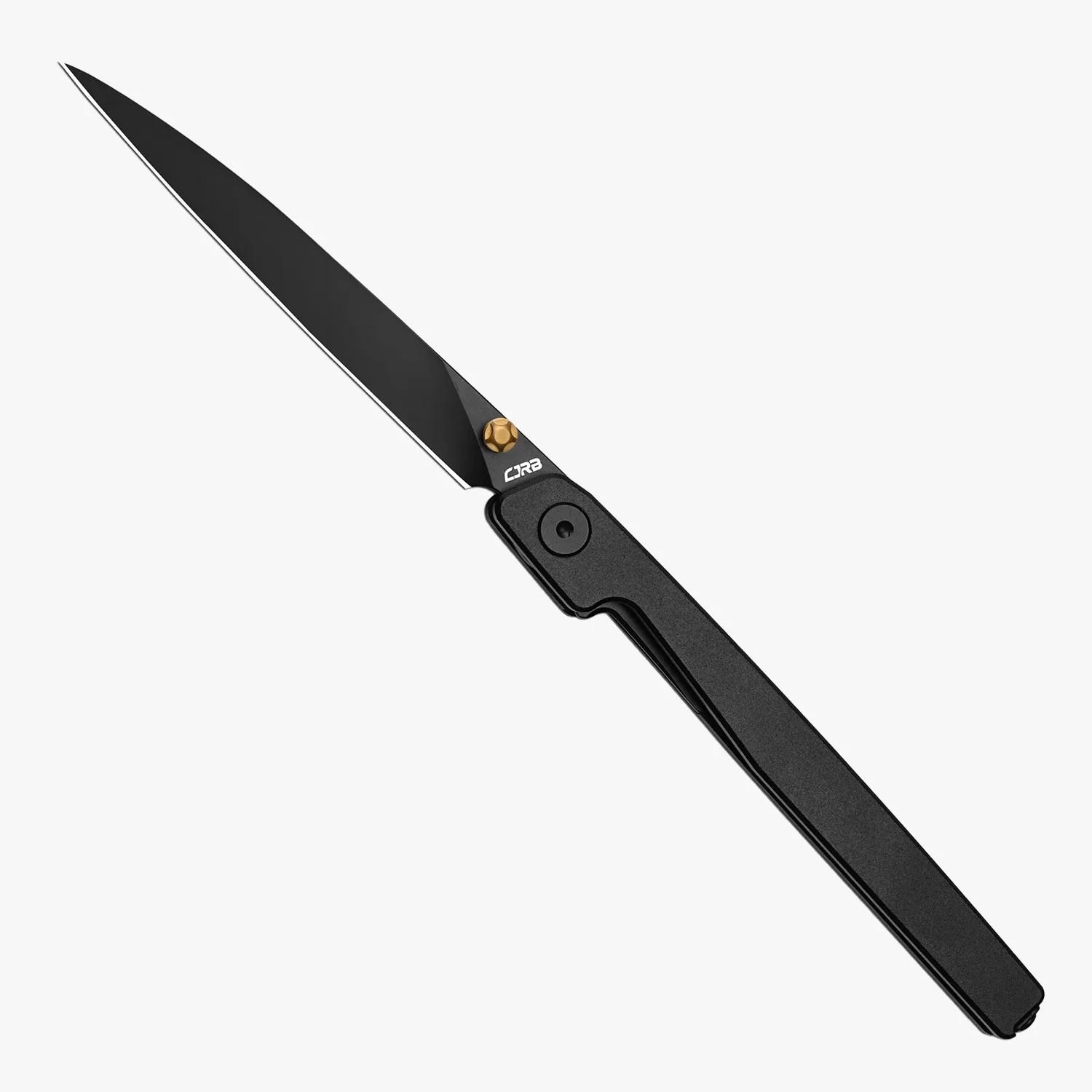 Black folding knife with a slim handle and a sharp, pointed blade partially serrated near the base.