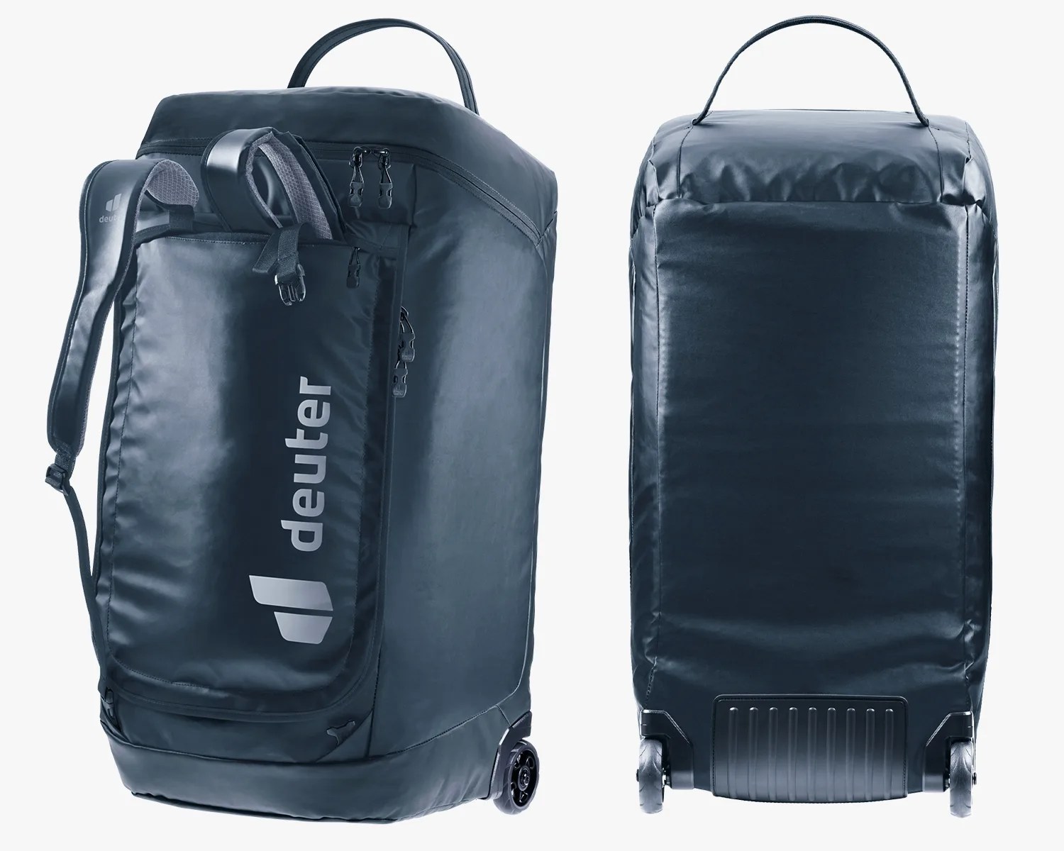 Two views of a black Deuter wheeled travel backpack with a top handle and padded shoulder straps.
