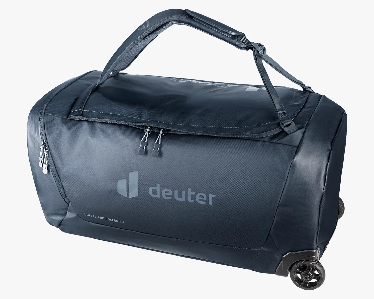 Black Deuter Duffel Pro Roller 90 wheeled duffel bag with top handle and zippers.