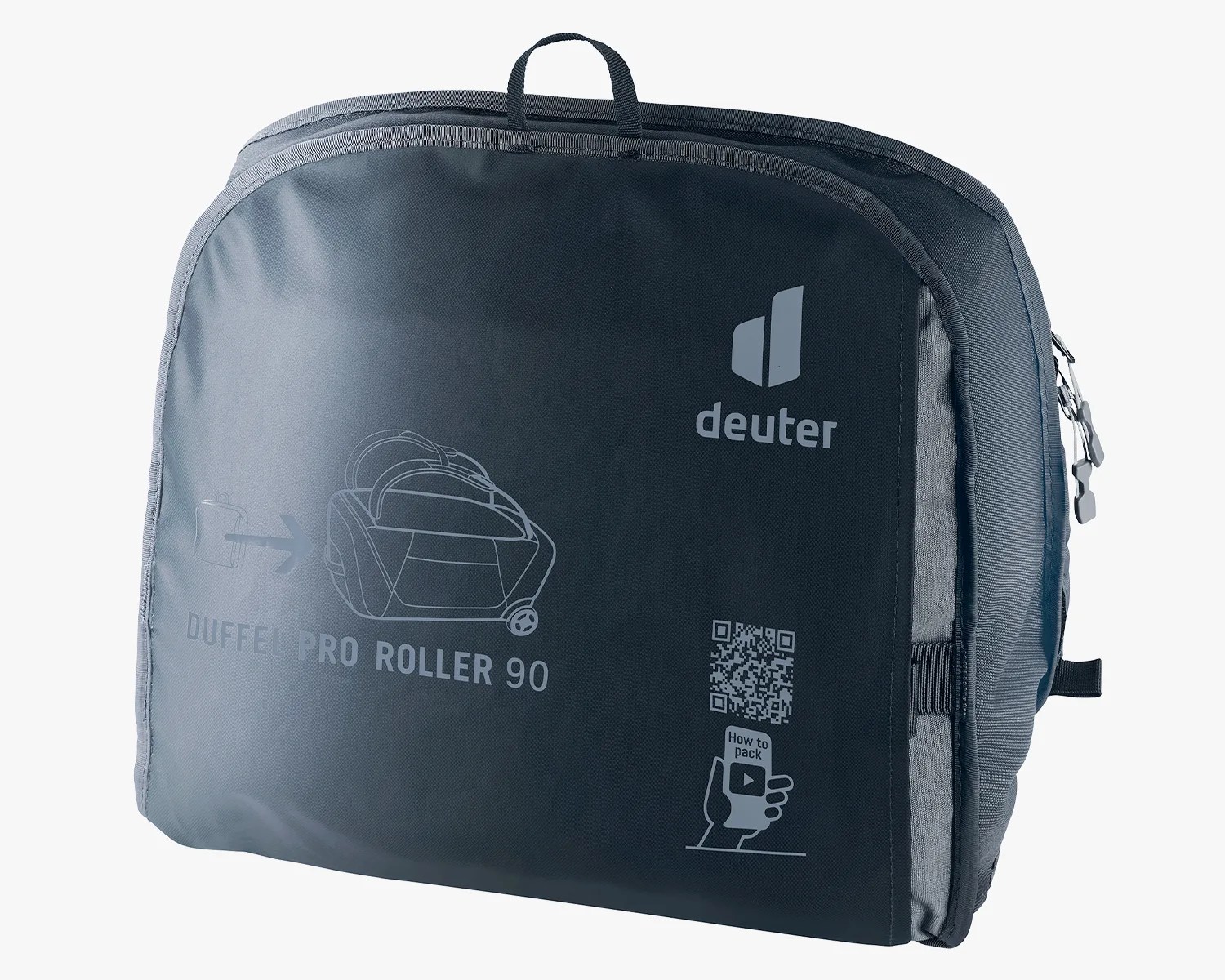 Dark gray packing cube with "deuter" logo and "Duffel Pro Roller 90" text on the front.