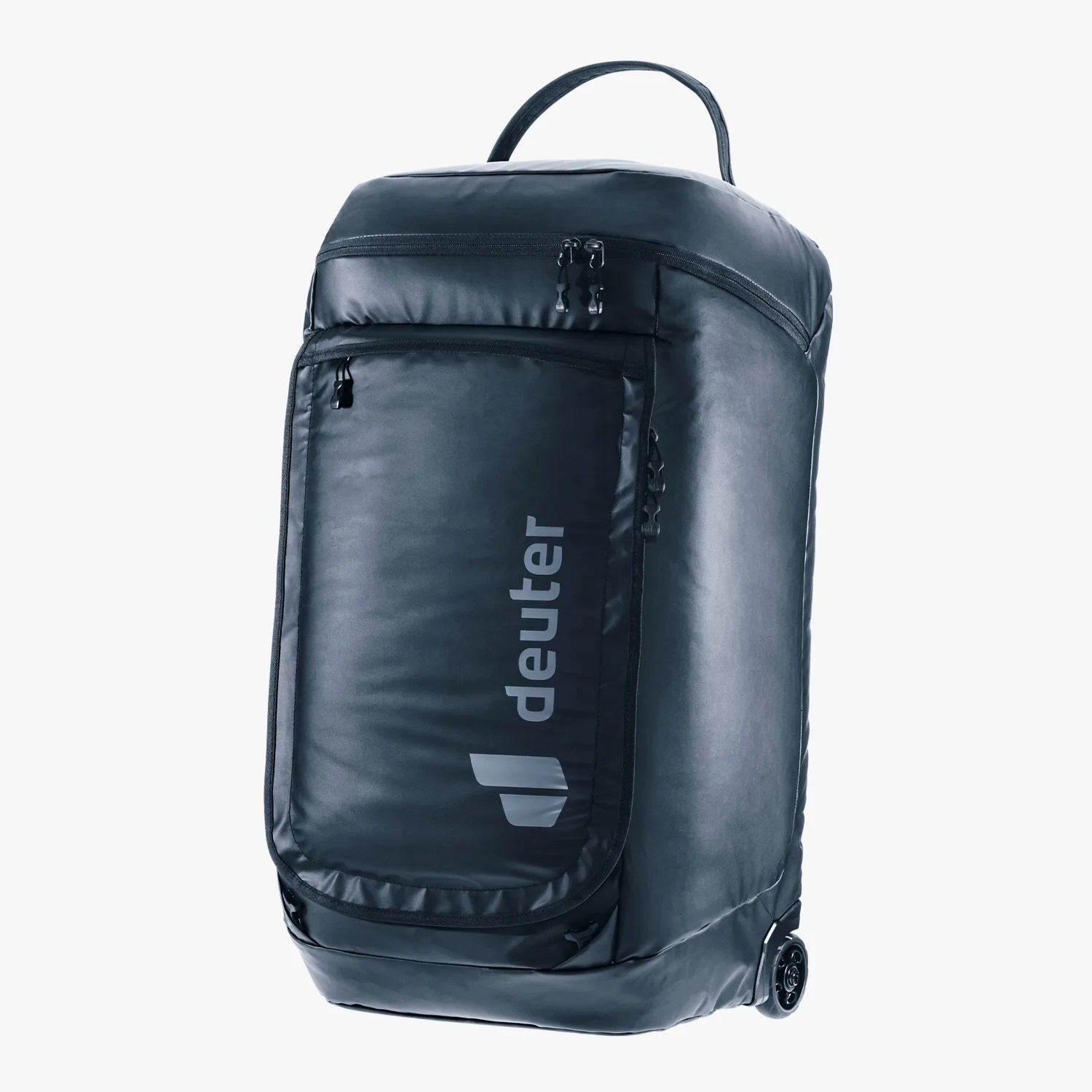 Black wheeled travel bag with a top handle and front zippered pocket featuring the Deuter logo.