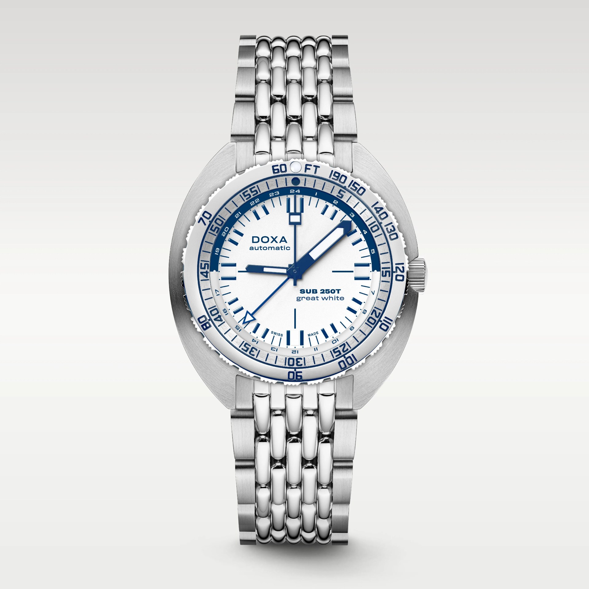 Silver stainless steel Doxa SUB 250T watch with white dial and blue markers on a metal bracelet.