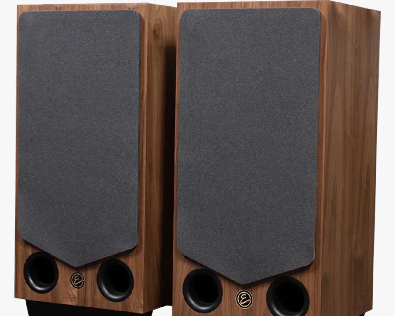 Pair of wooden bookshelf speakers with gray fabric covers and dual front bass ports.