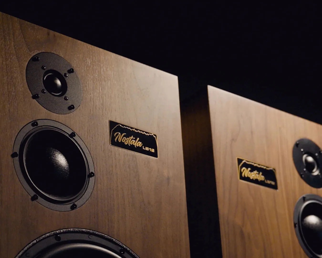 Pair of wooden Nostala LB12 speakers with black drivers against a dark background.