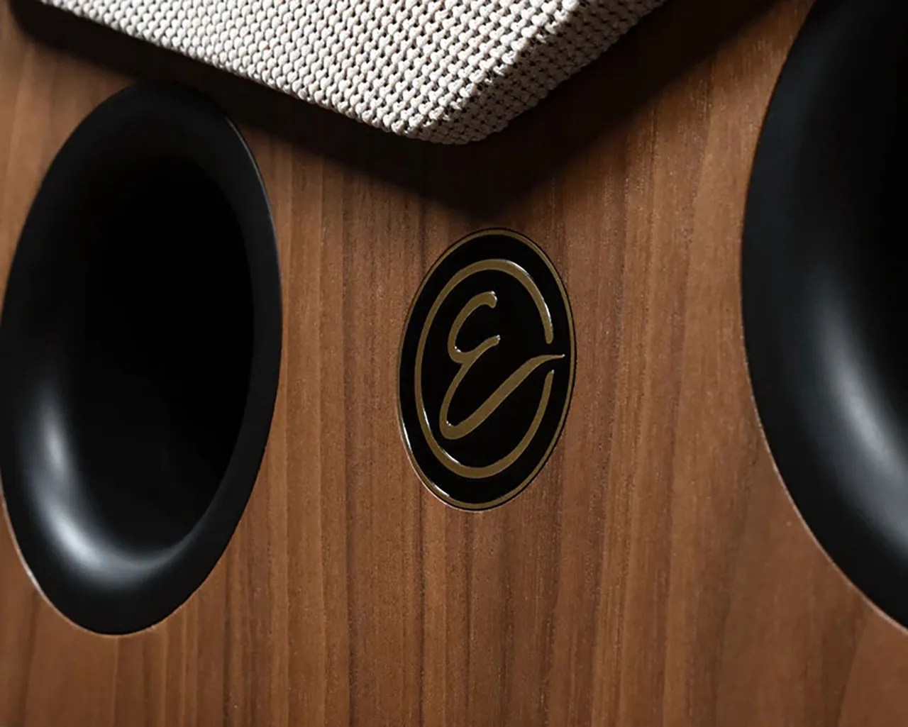Close-up of a wooden speaker cabinet with a black and gold circular logo and black speaker ports.