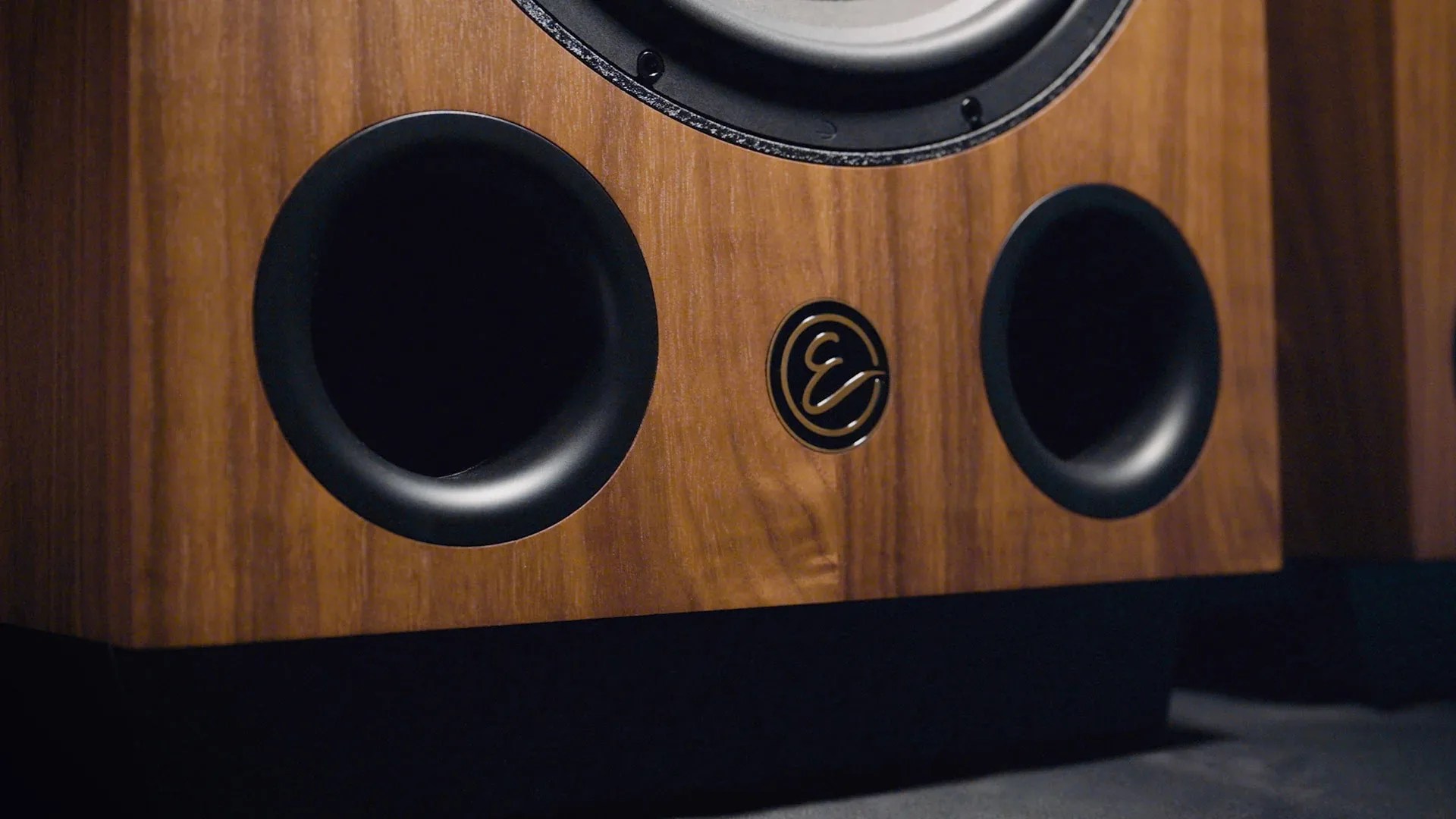 Close-up of a wooden speaker cabinet with two black circular ports and a gold emblem in the center.