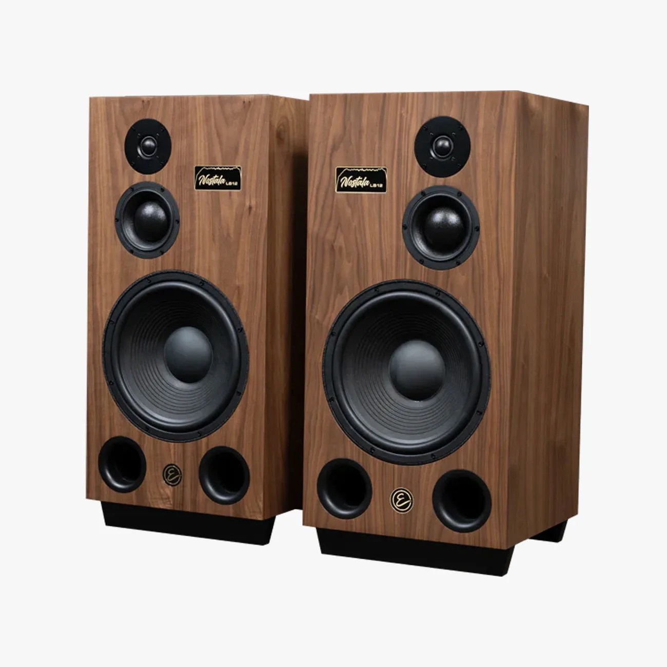 Pair of wooden bookshelf speakers with black speaker cones and dual front bass ports.