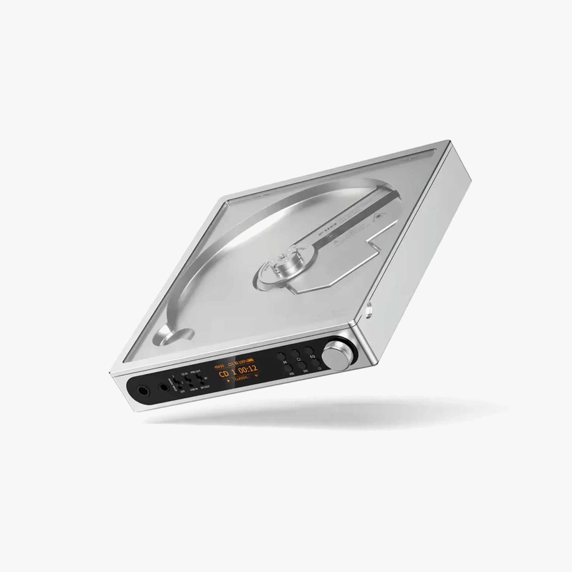 Silver metal CD player with digital display and control buttons on the front panel.