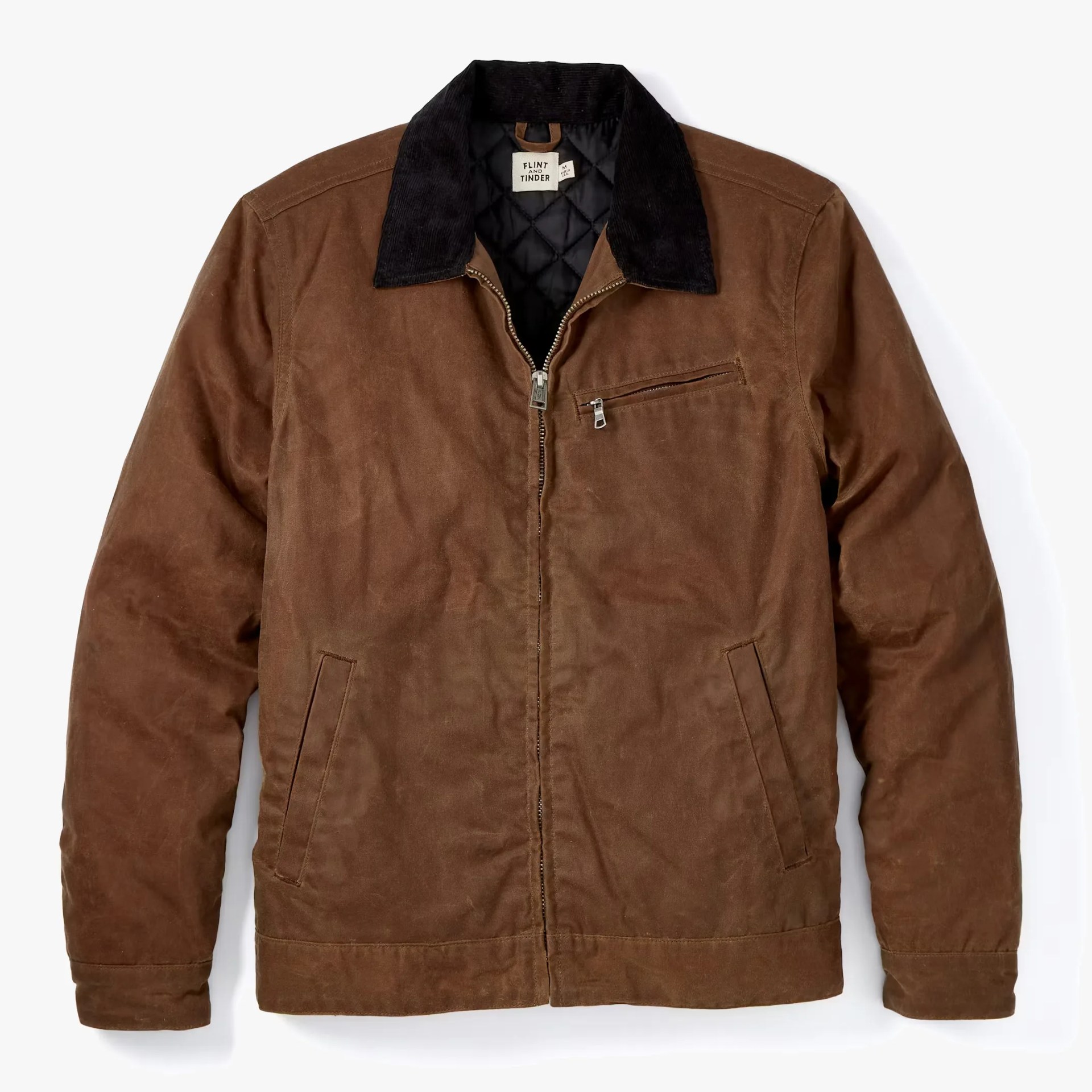 Brown suede jacket with black corduroy collar and front zipper closure.