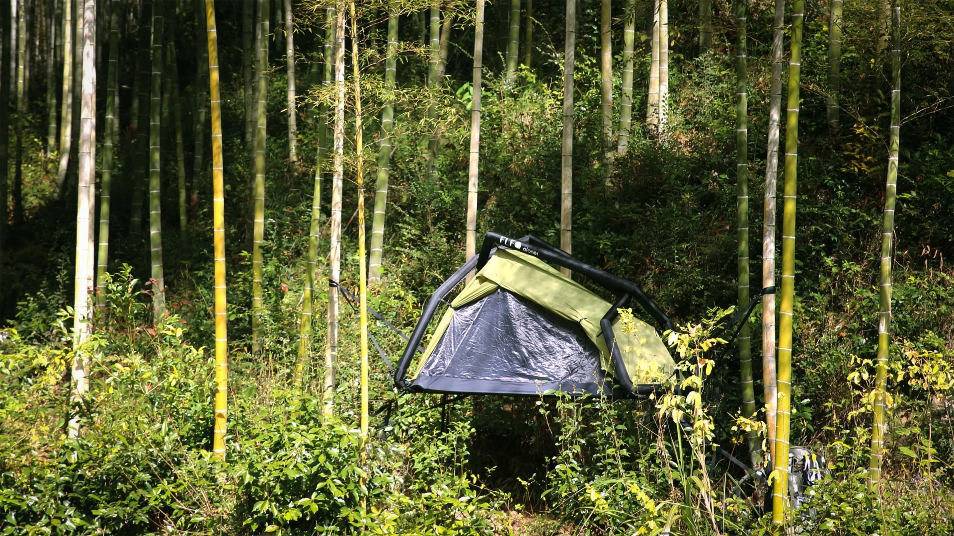 Green and gray suspended tent secured between bamboo trees in a forest.