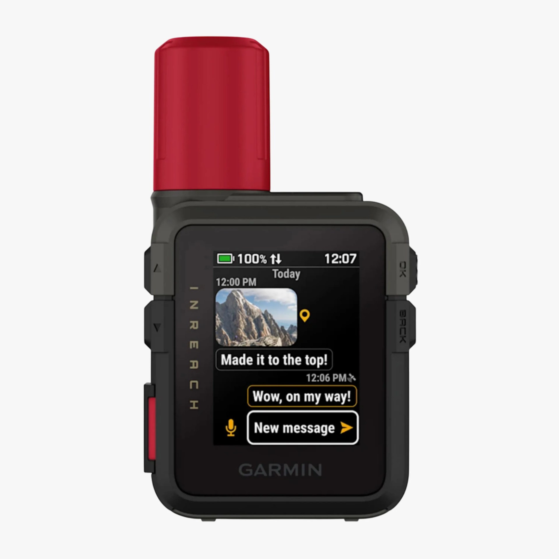Garmin inReach satellite communicator with black casing and red antenna showing a messaging screen.