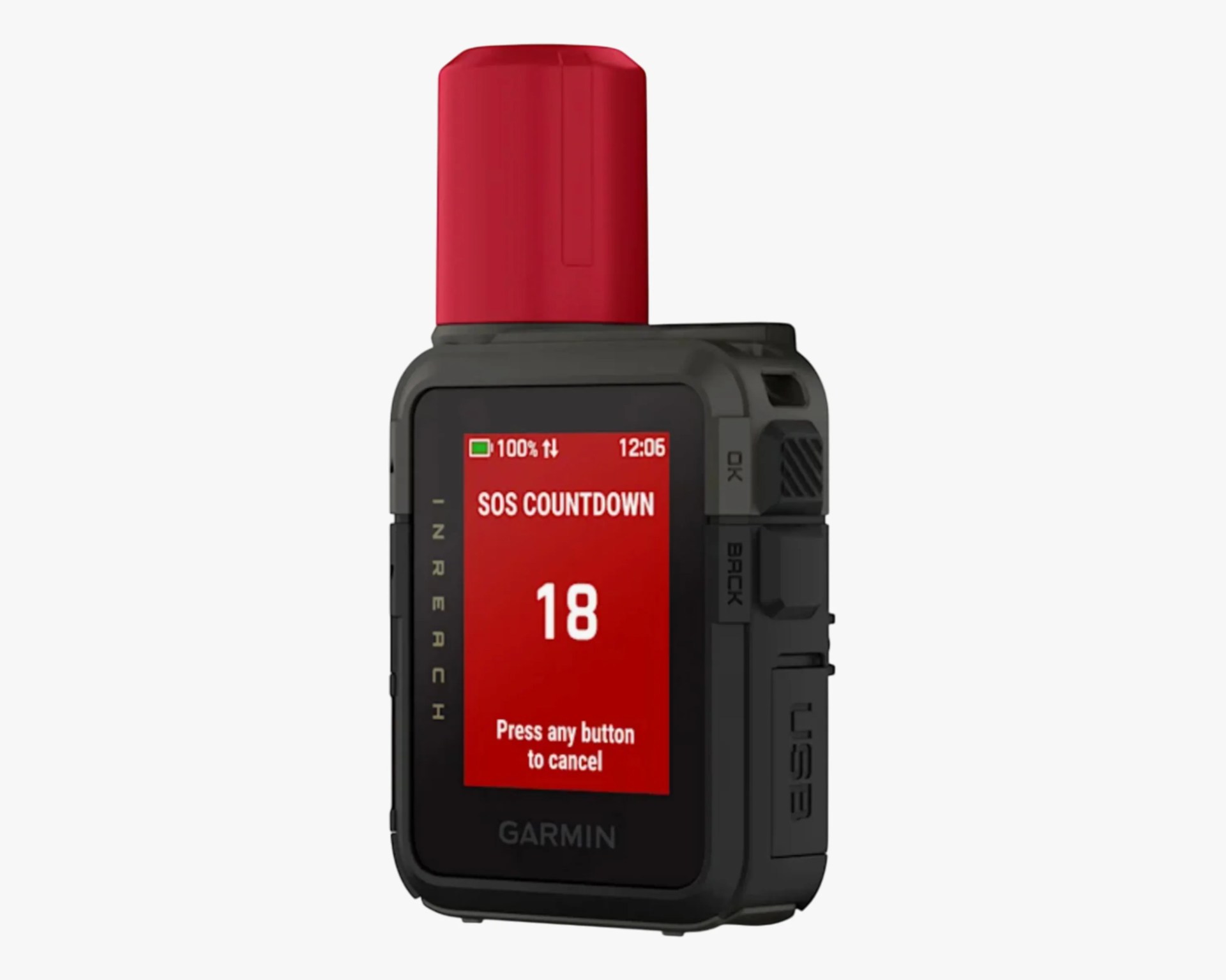 Black Garmin inReach satellite communicator with red antenna showing SOS countdown on screen.