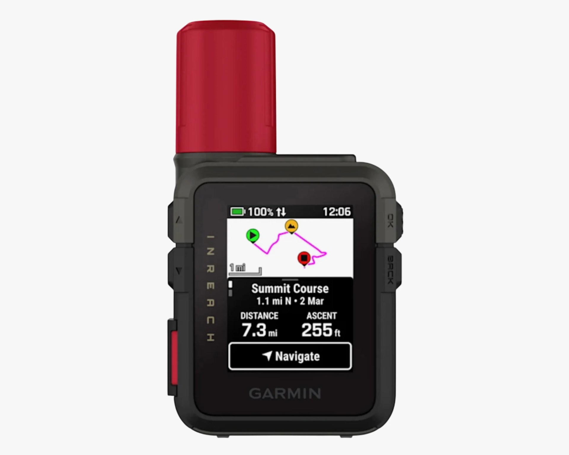 Black Garmin inReach GPS device with red antenna and screen showing navigation details for a summit course.