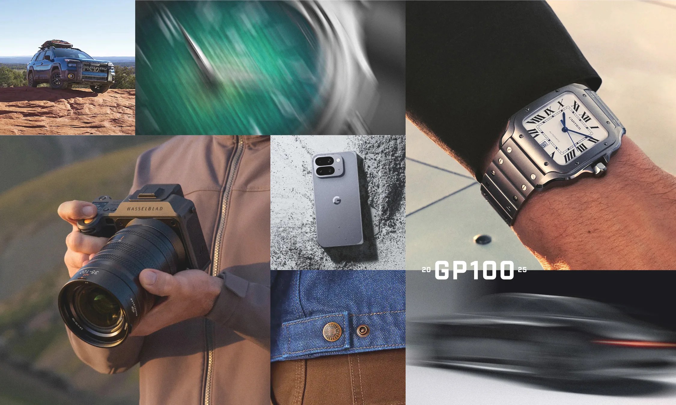 Collage of various products including a blue off-road vehicle on rocky terrain, a close-up of a green watch face, a person holding a Hasselblad camera, a Google smartphone on textured surface, a wrist wearing a Cartier watch, a denim jacket detail, and a blurred black car with "GP100" text.