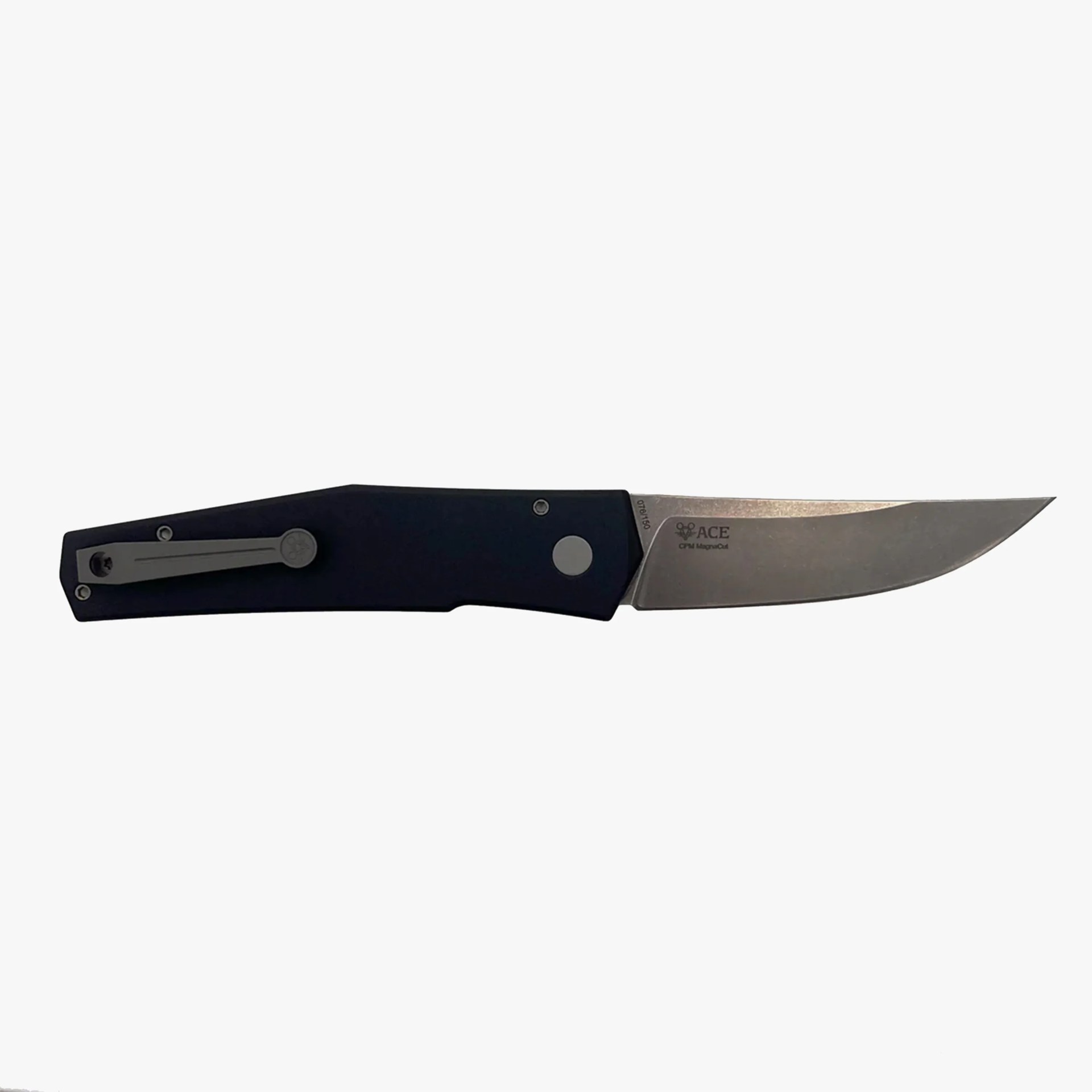 Folding knife with black handle and stainless steel blade marked "ACE CPM MagnaCut.