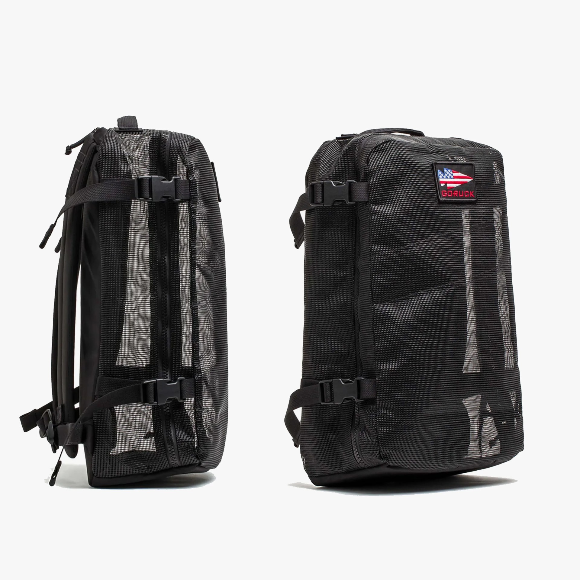 Two views of a black tactical backpack with compression straps and a patch featuring an American flag and "GORUCK" logo.