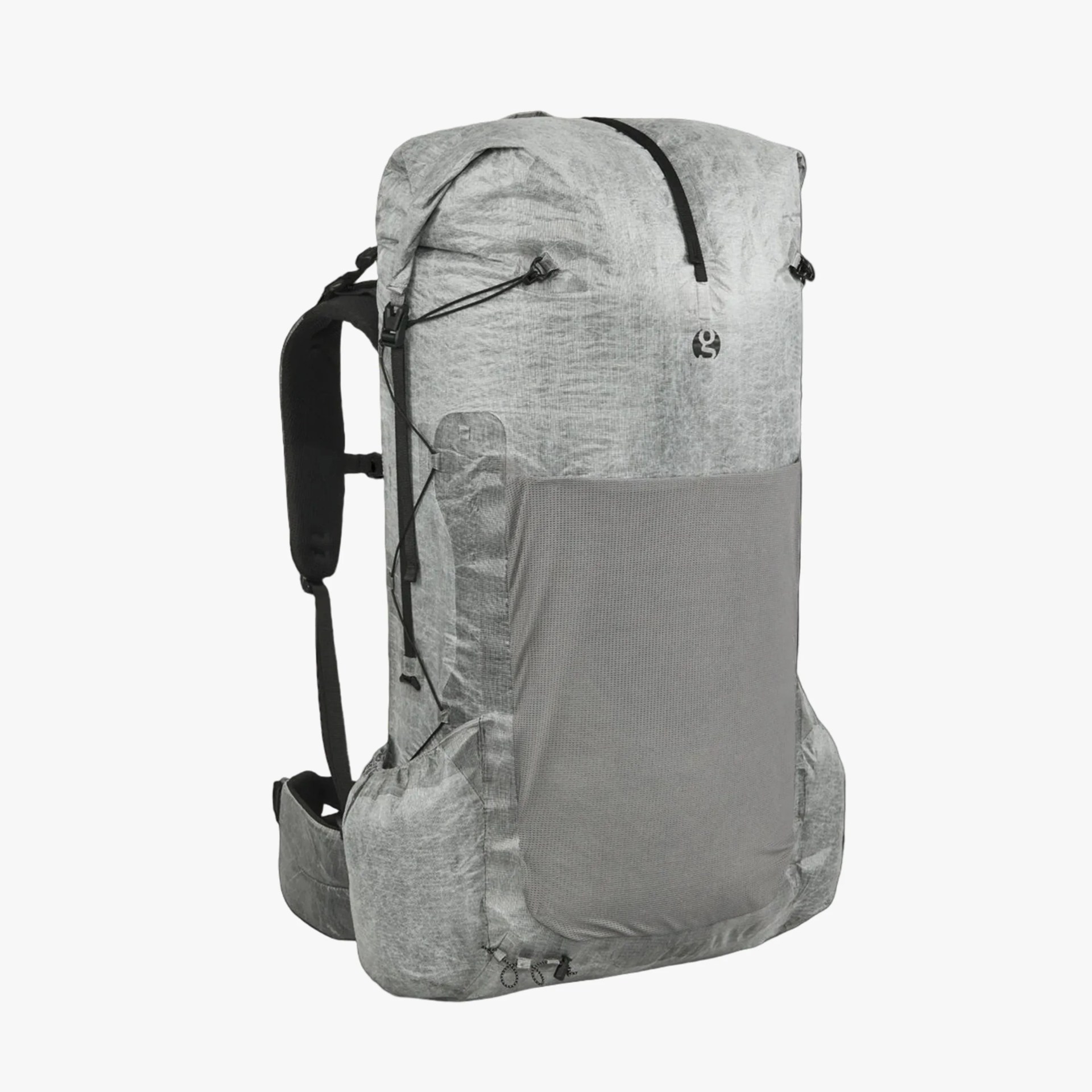 Light gray technical backpack with black straps and a large front mesh pocket.