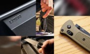 Collage of four images showing a black folding knife with "USA" embossed on a metal surface, a hand using the knife's screwdriver tool, a close-up of the knife blade held in a hand, and the knife's textured olive green handle on a wooden surface.